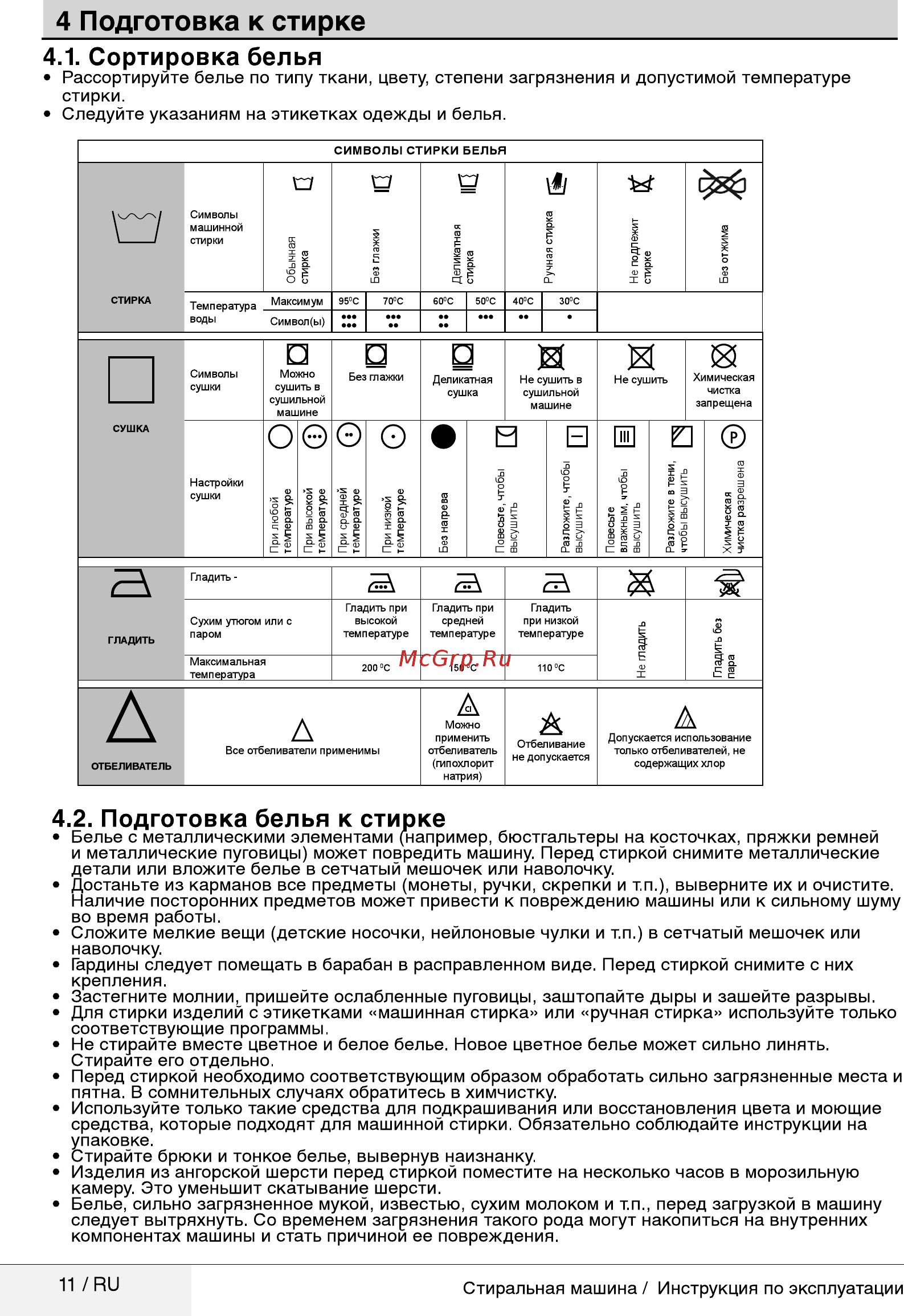 Beko RGE 684P1 BSW [11/32] Подготовка к стирке________________________________