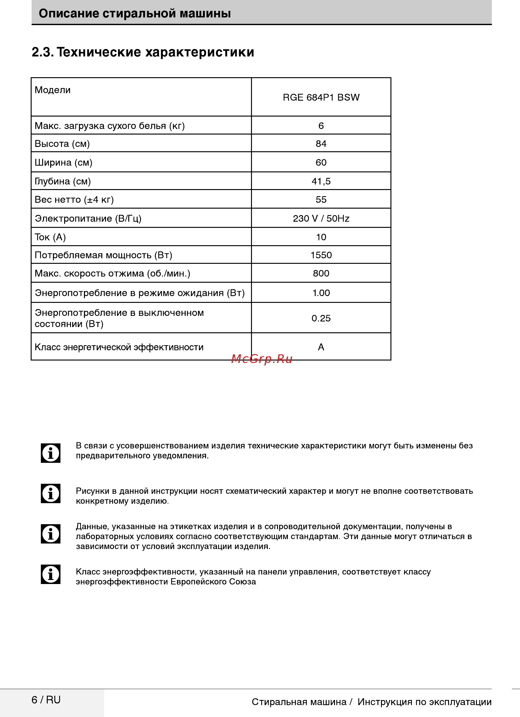 Beko RGE 684P1 BSW [6/32] Технические характеристики