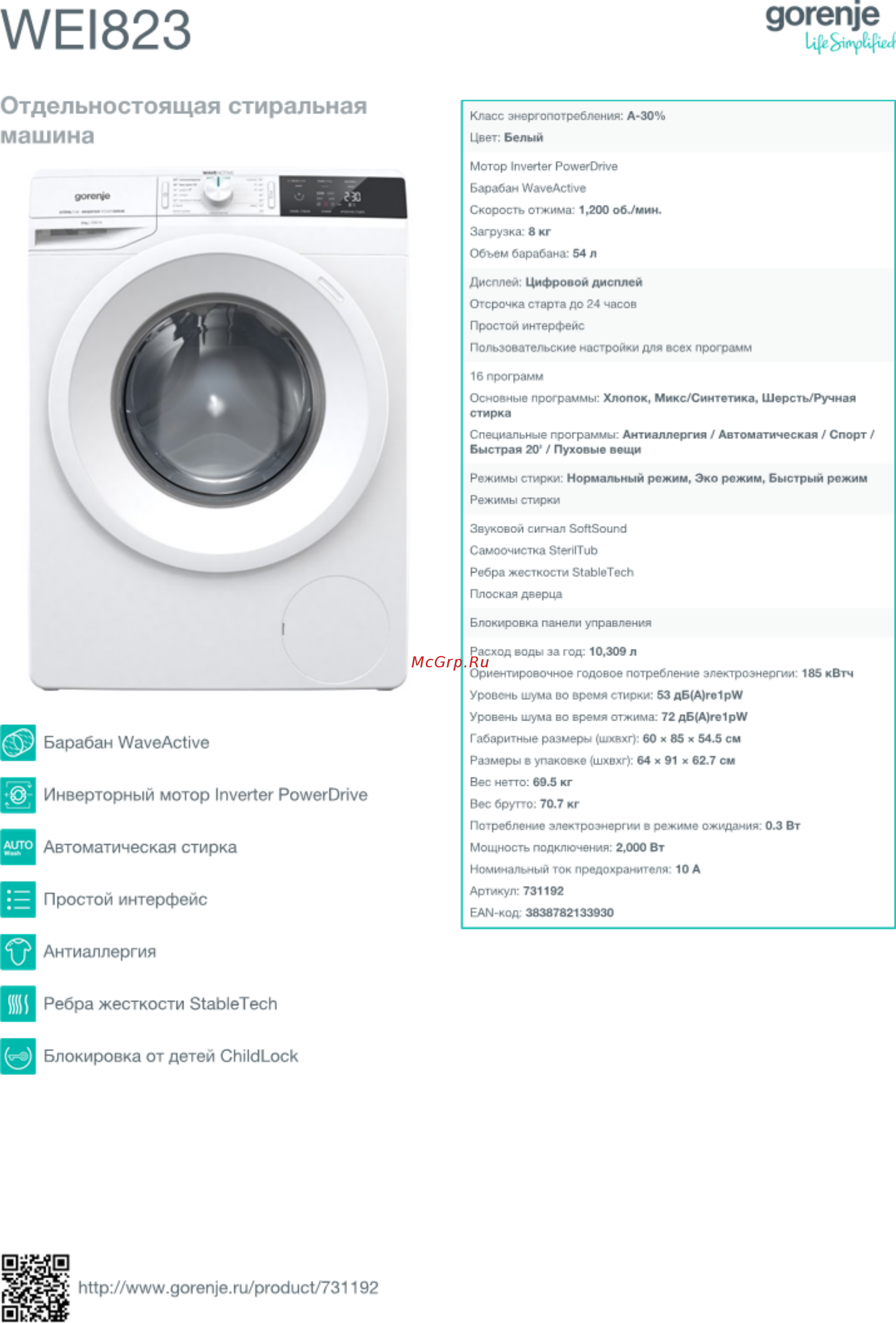 Gorenje WEI823 Белый Инструкция по эксплуатации онлайн