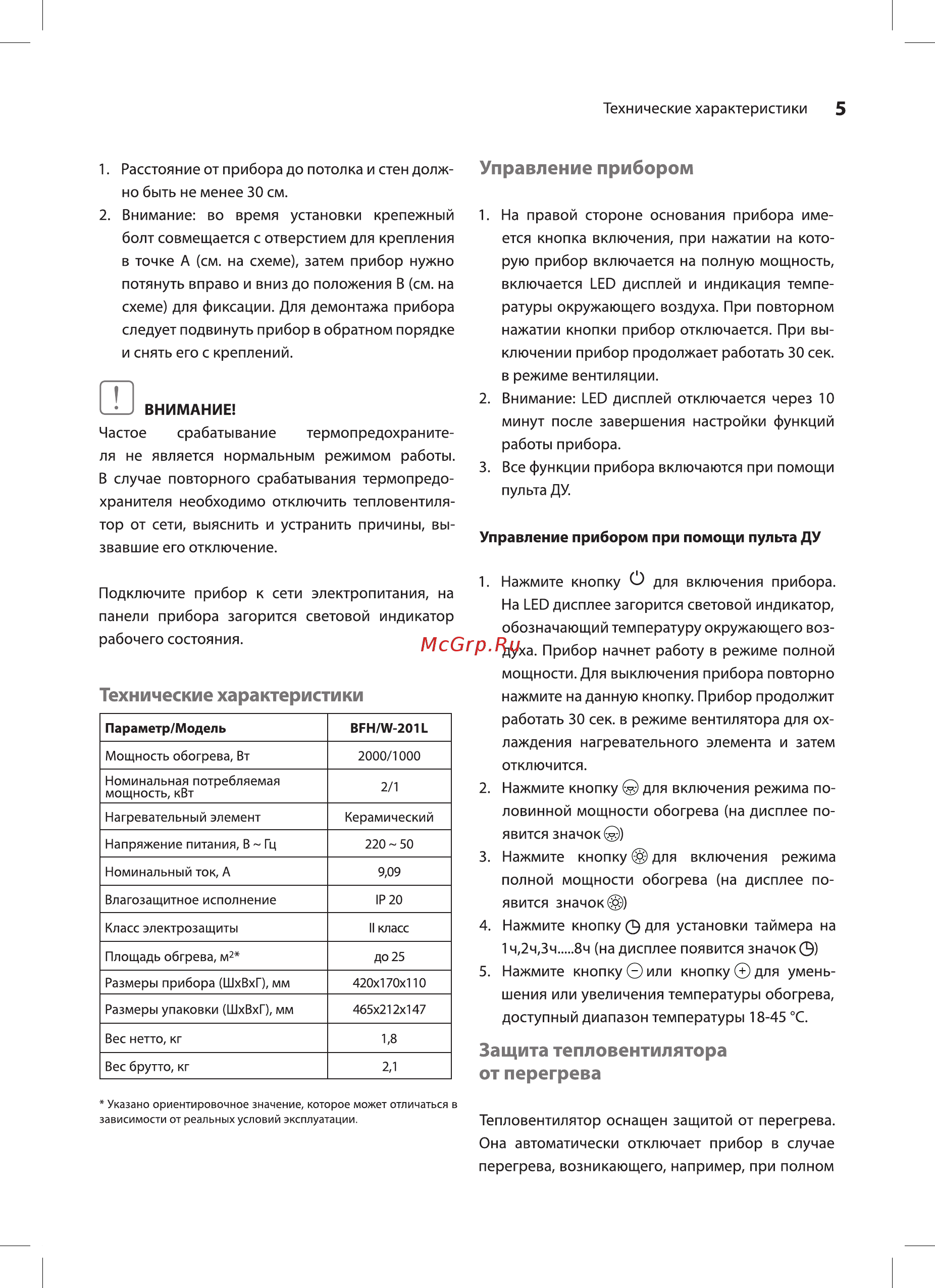Ballu BFH/W-201L [5/16] Управление прибором