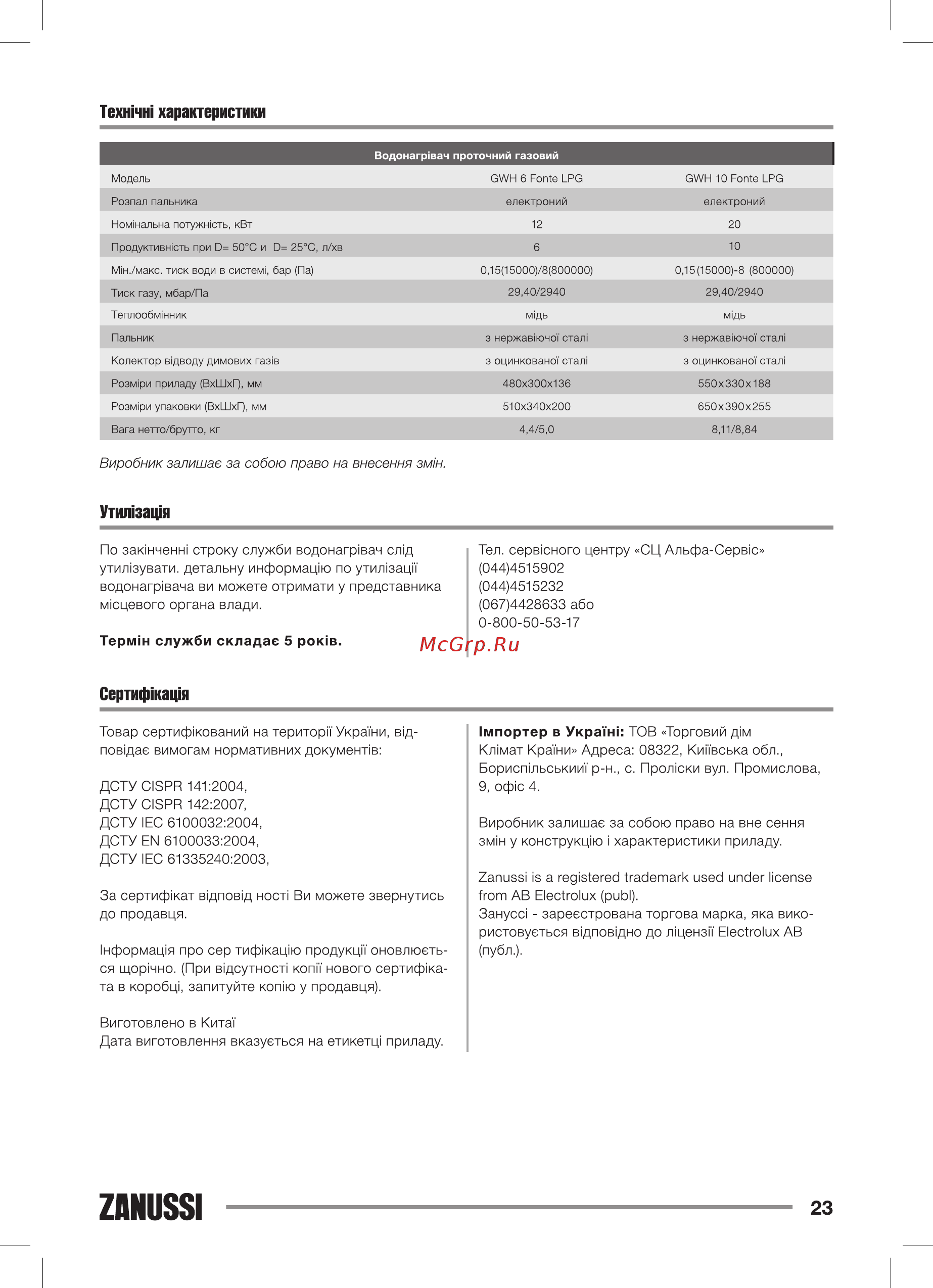Zanussi GWH 6 Fonte LPG НС-1139051 [23/32] Zanussi