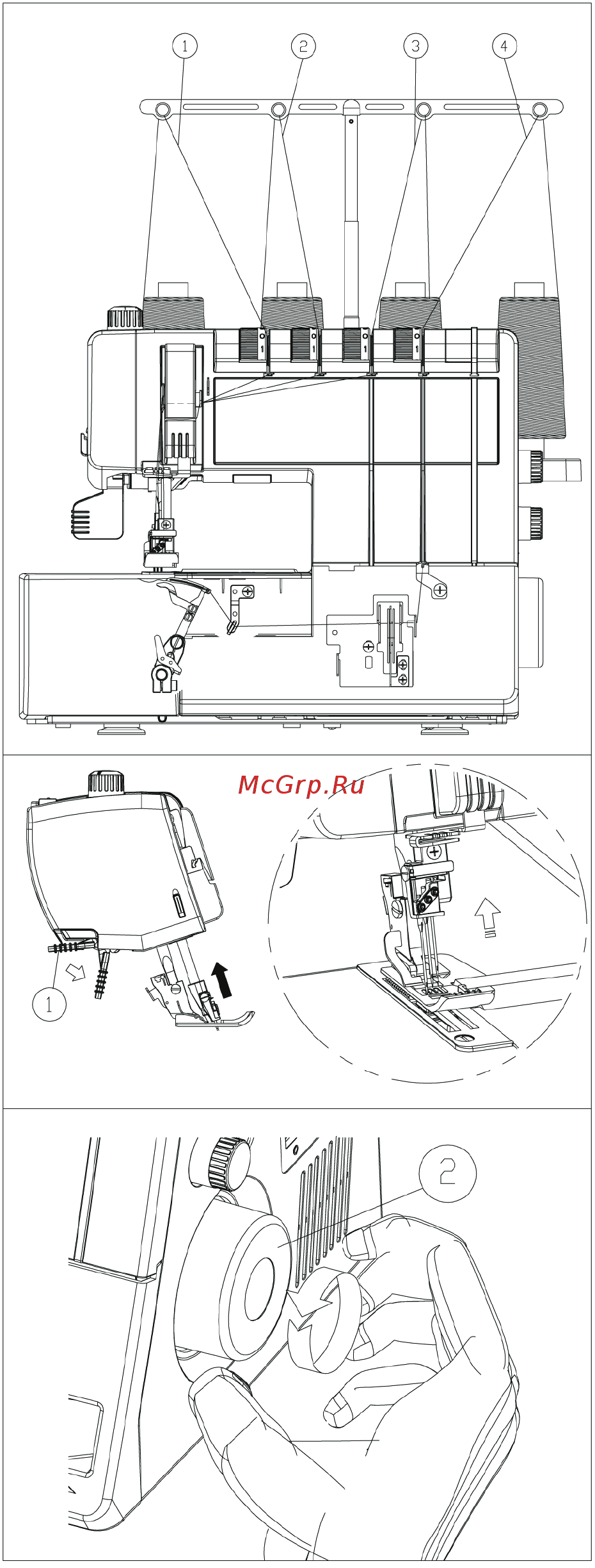 Leader VS 400D Cover Stitch [12/27] Заправка нитей в машину