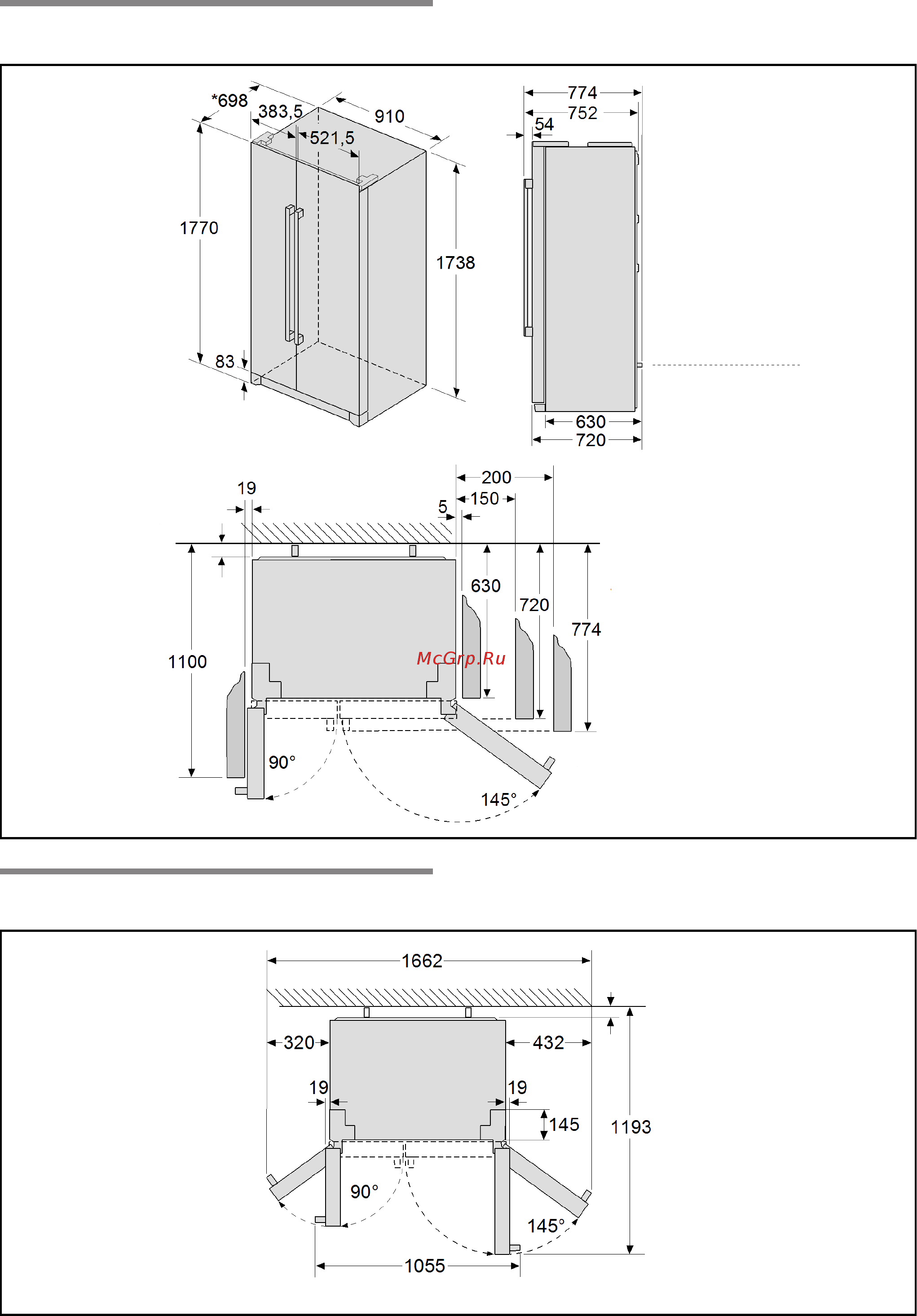 Bosch KAN90VB20R [6/21] Установочные размеры