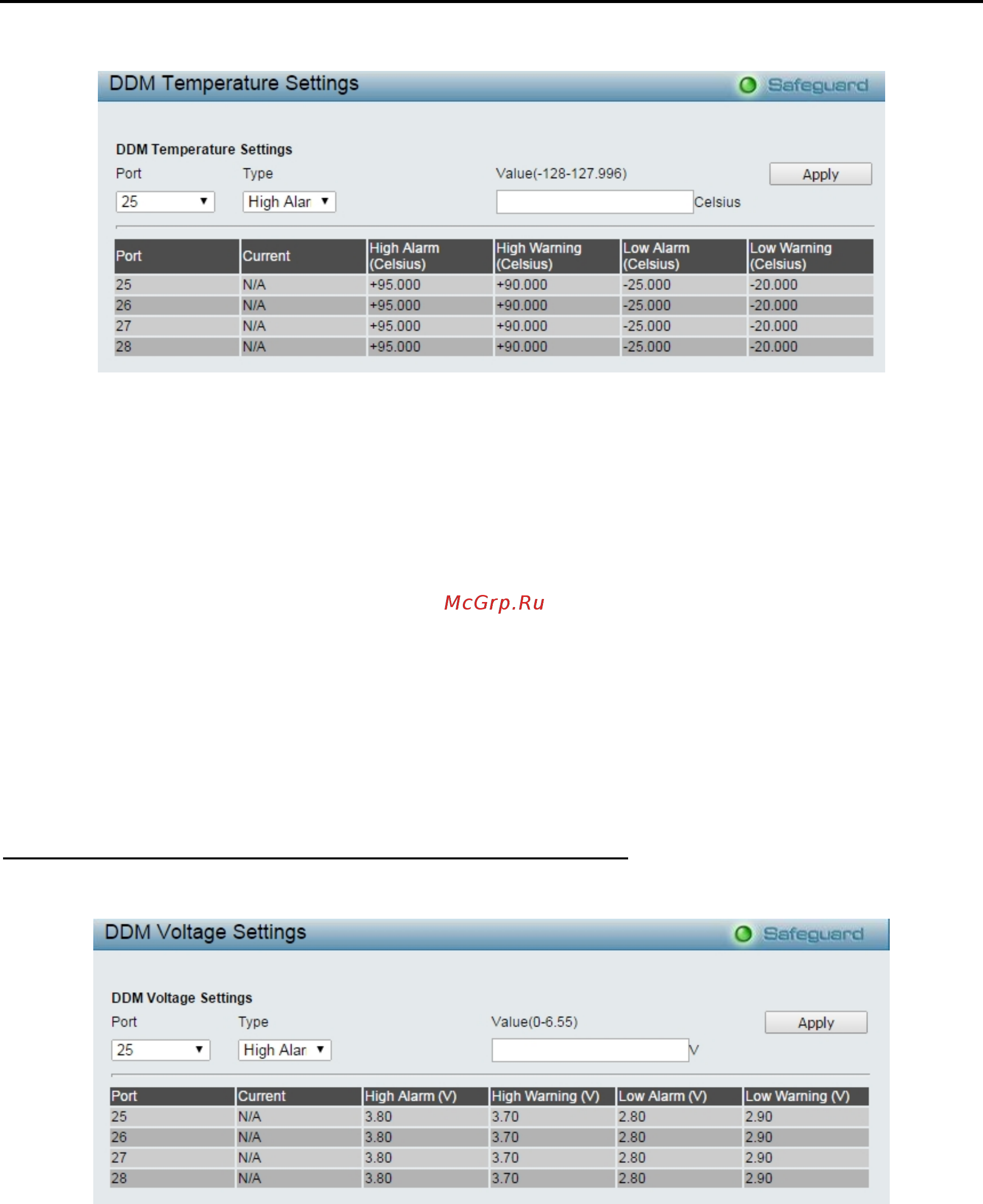D-Link DGS-1210-28X/ME [84/159] Configuration ddm ddm voltage settings threshold settings