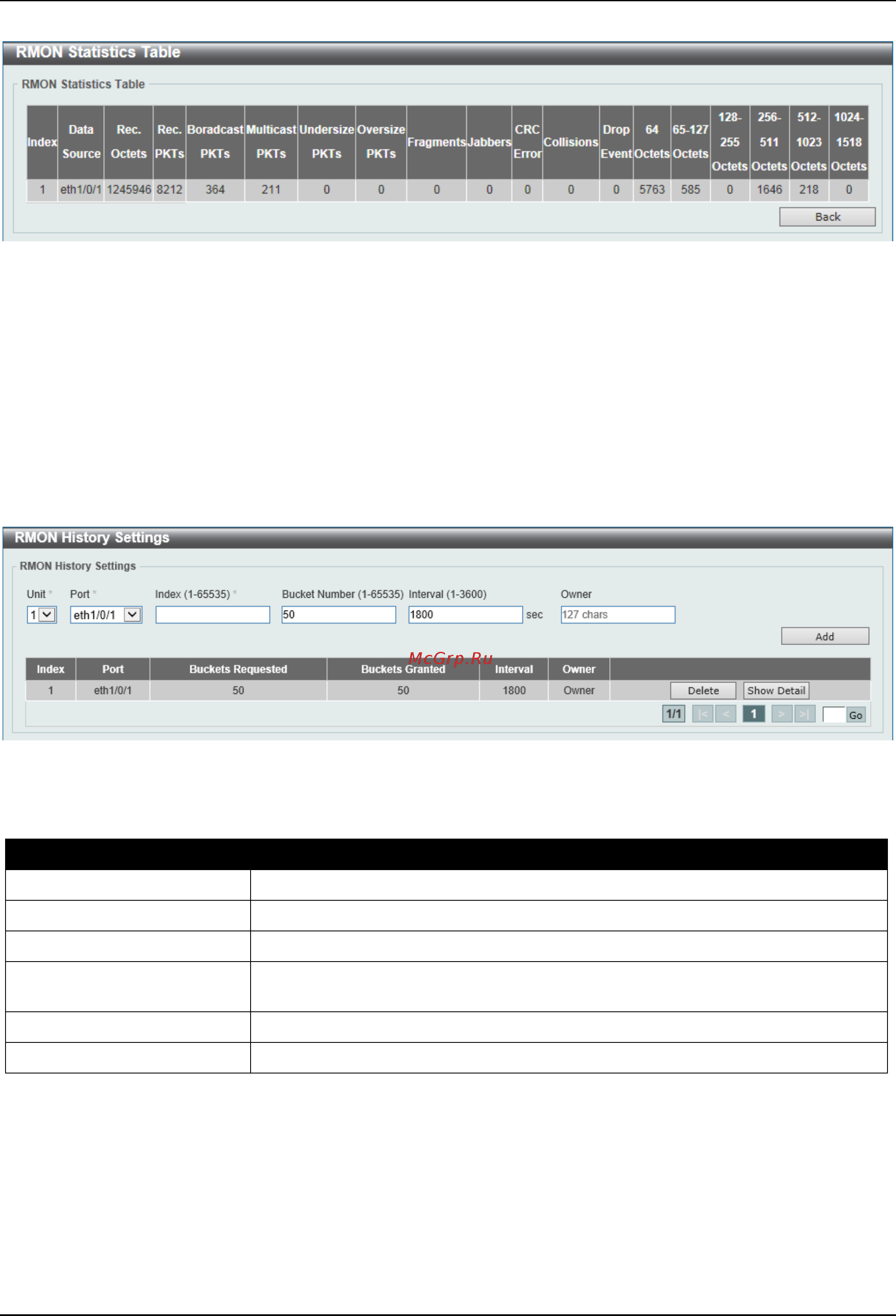 D-Link DGS-3630-28SC [69/742] Rmon history settings