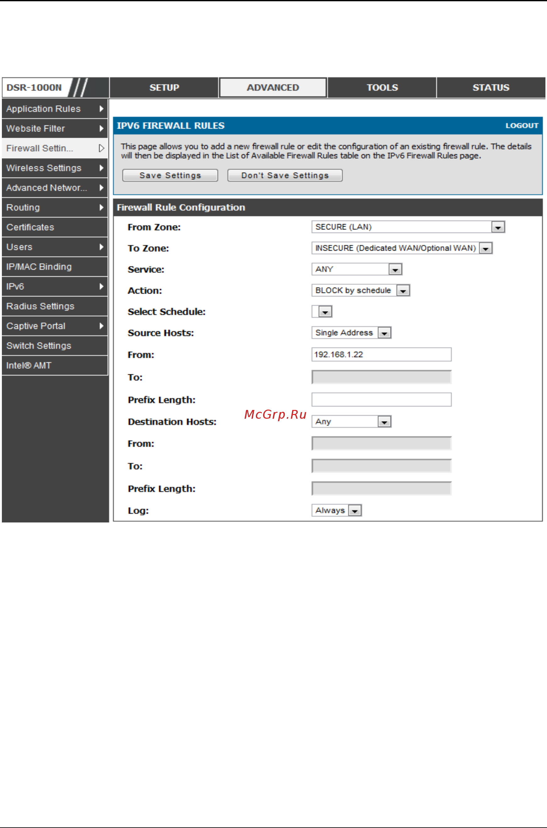 D-Link DSR-150 [93/274] Figure 58 the ipv6 firewall rule configuration page allows you to define