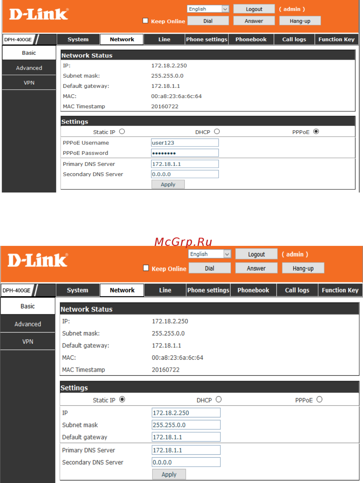 D-Link DPH-400GE [6/19] Network static setting