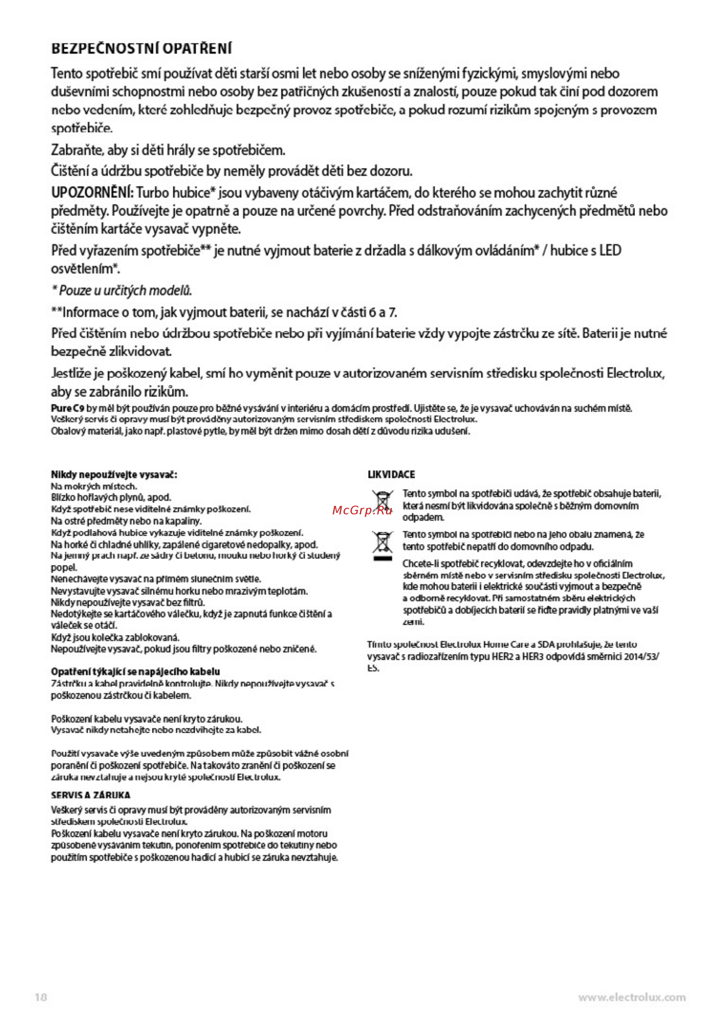 Electrolux PC91-H6STM [18/88] Bezpecnostní opatrení