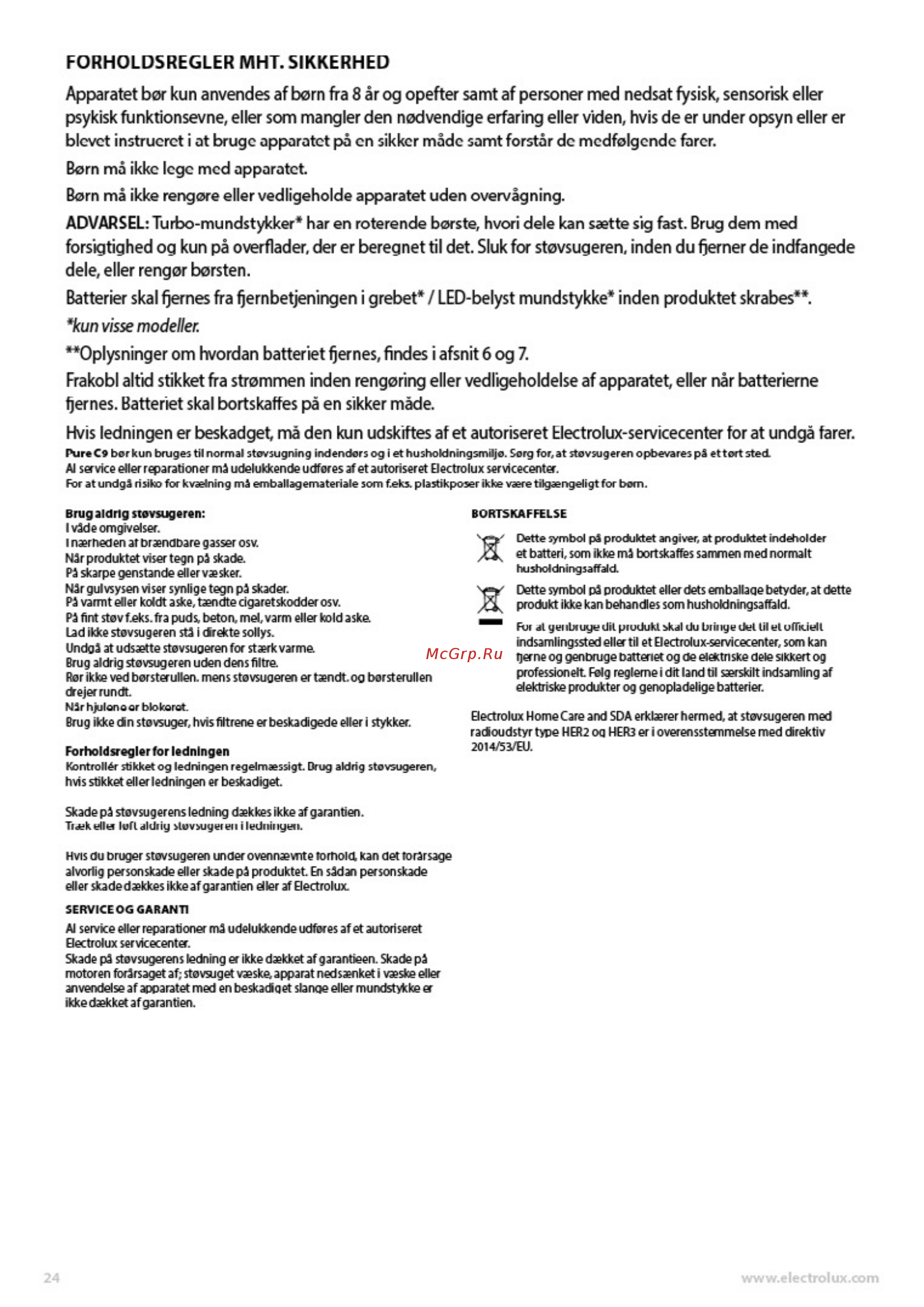 Electrolux PC91-H6STM [24/88] Forholdsregler mht sikkerhed