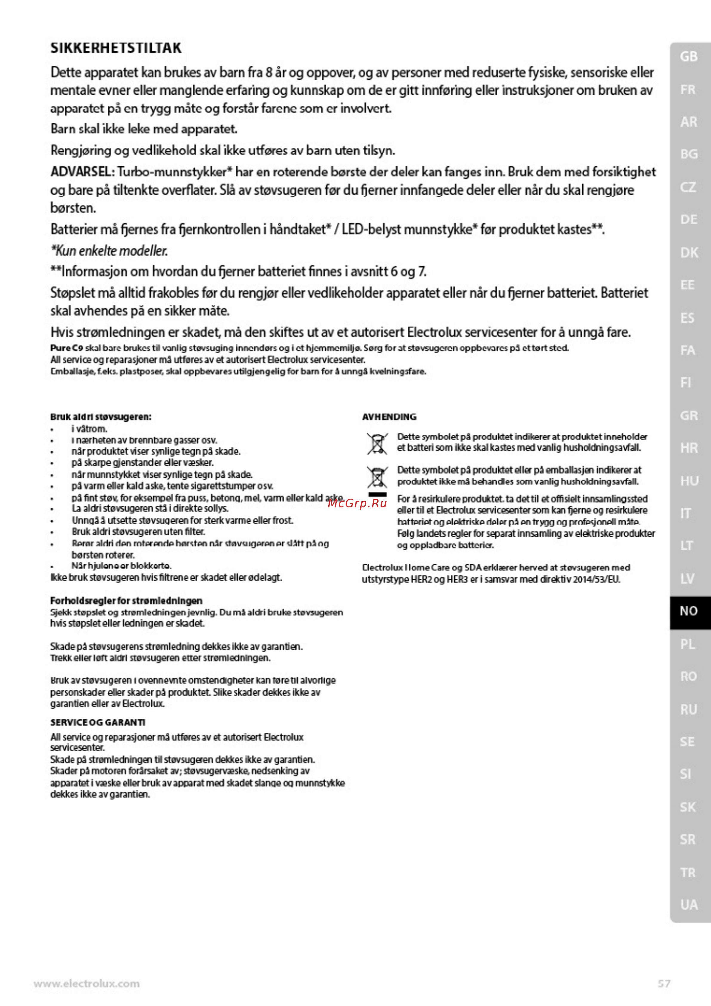 Electrolux PC91-H6STM [57/88] Sikkerhetstiltak