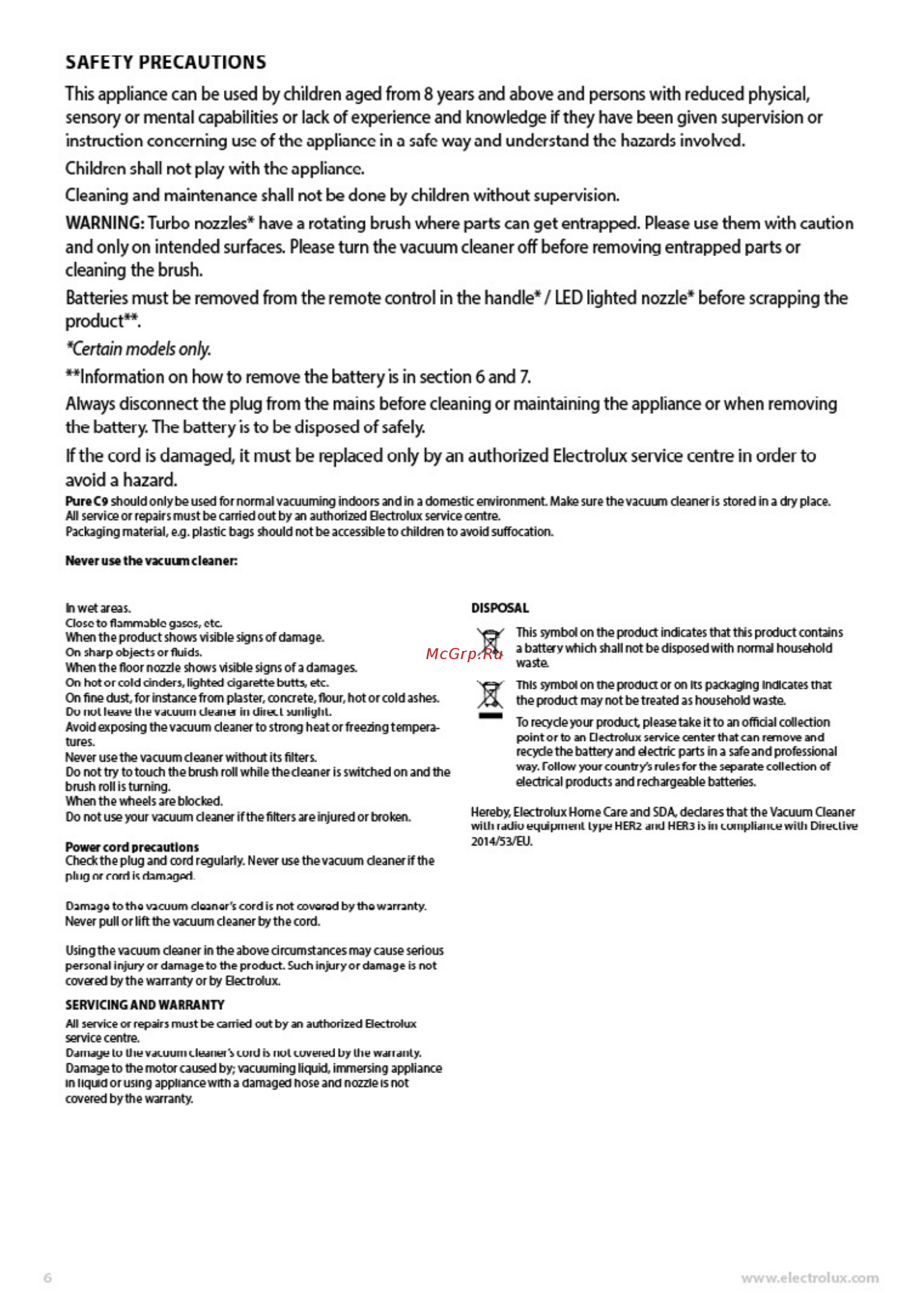 Electrolux PC91-H6STM [6/88] Safety precautions