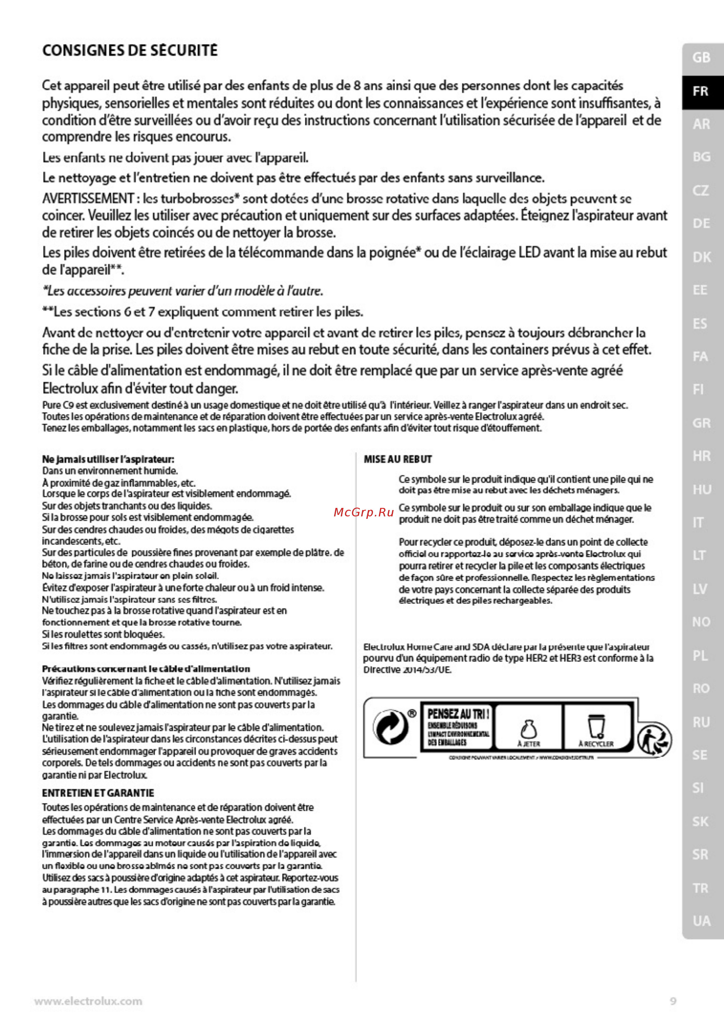 Electrolux PC91-H6STM [9/88] Consignes de sécurité