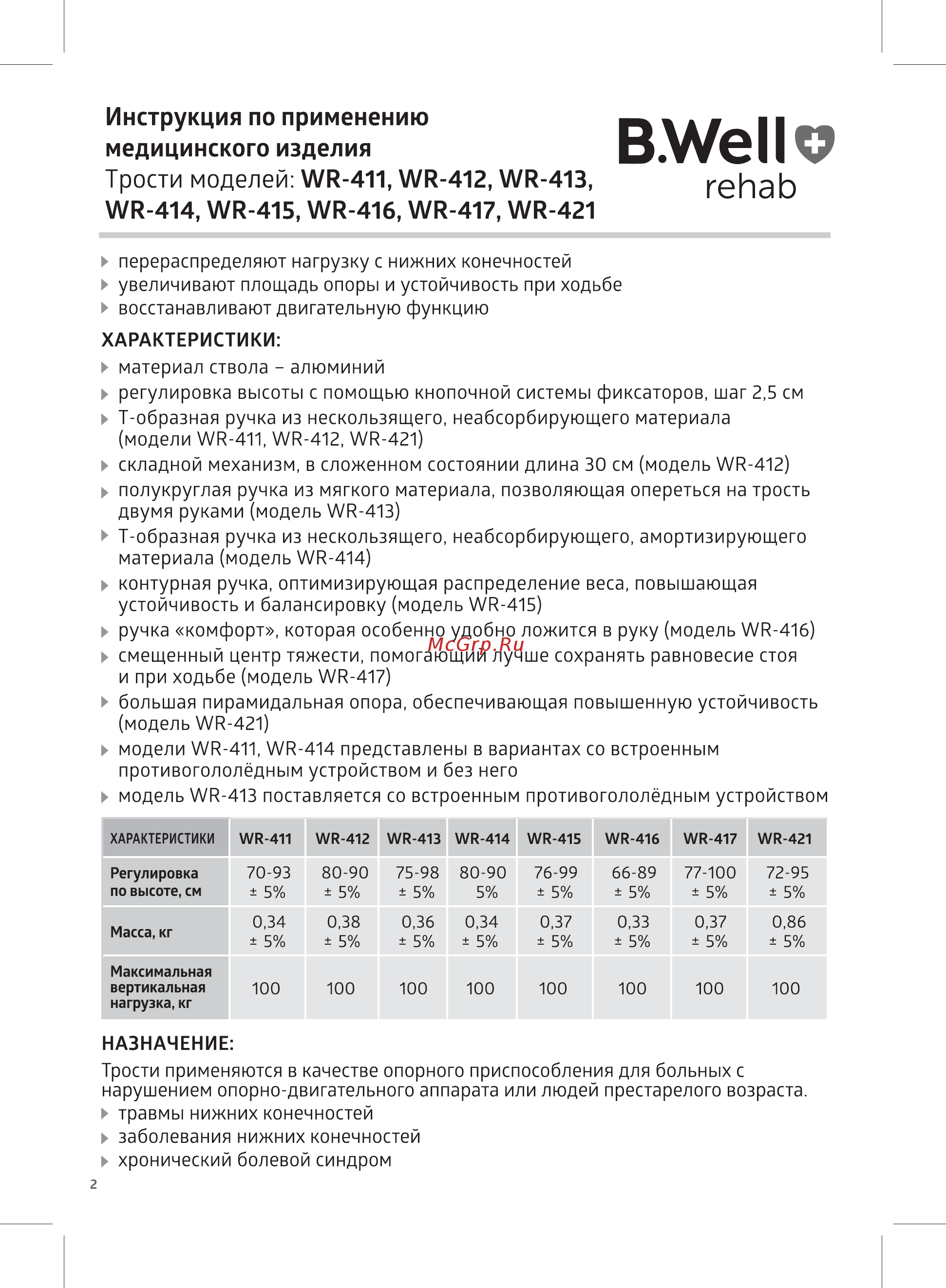 B.Well WR-413 [2/12] Инструкция по применению медицинского изделия трости моделей wr 411 wr 412 wr 413 wr 414 wr 415 wr 416 wr 417 wr 421