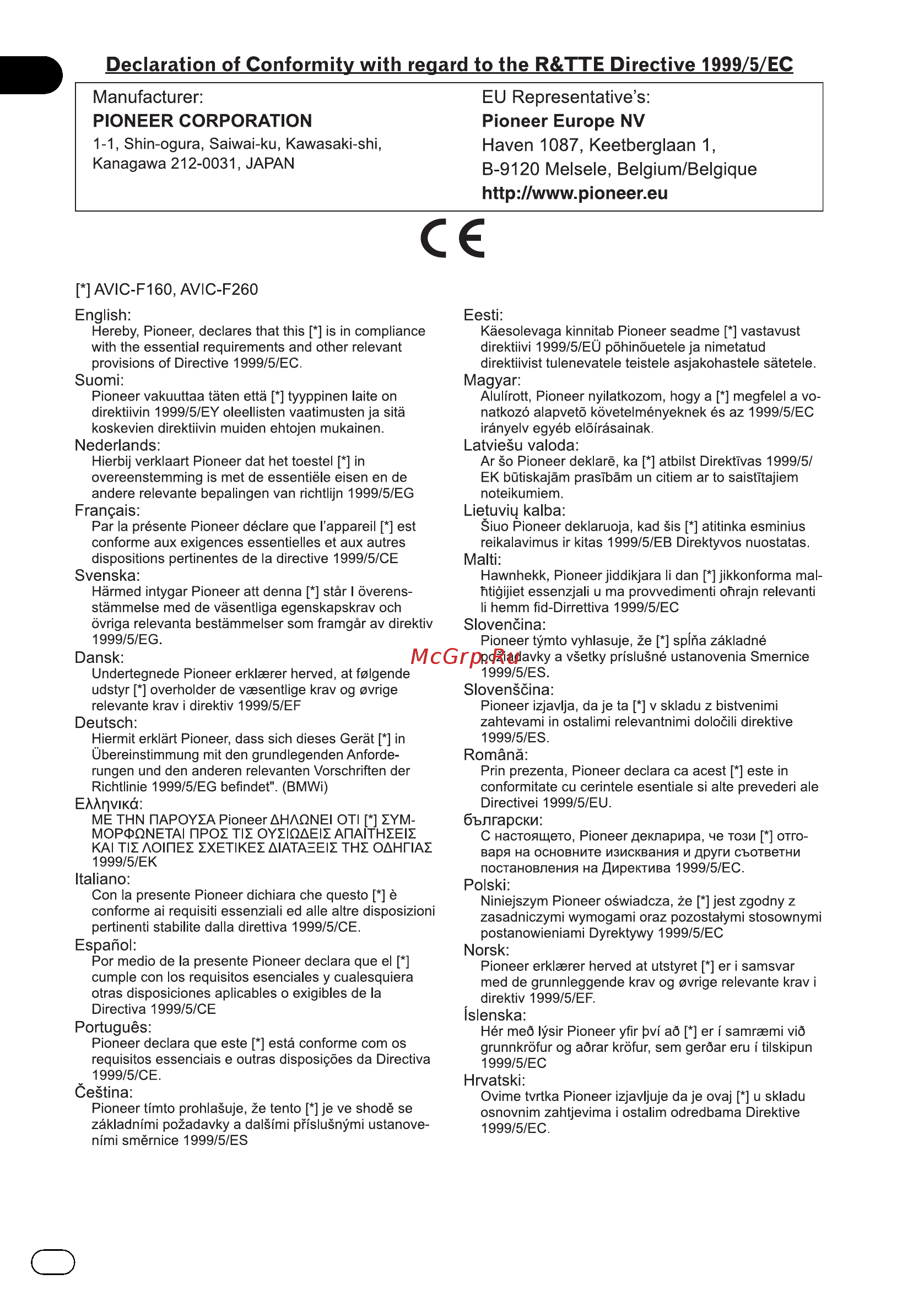 Pioneer AVIC-F160 Руководство пользователя онлайн [2/88] 389734