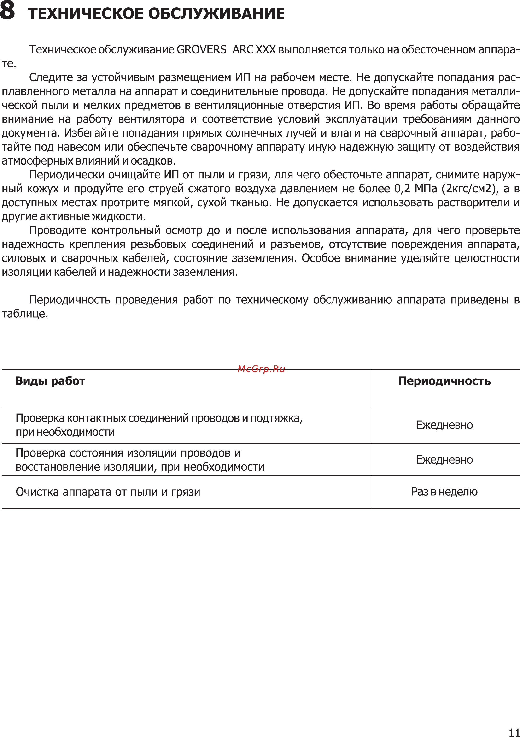 Grovers ARC 300 ПДУ [11/16] Техническое обслуживание