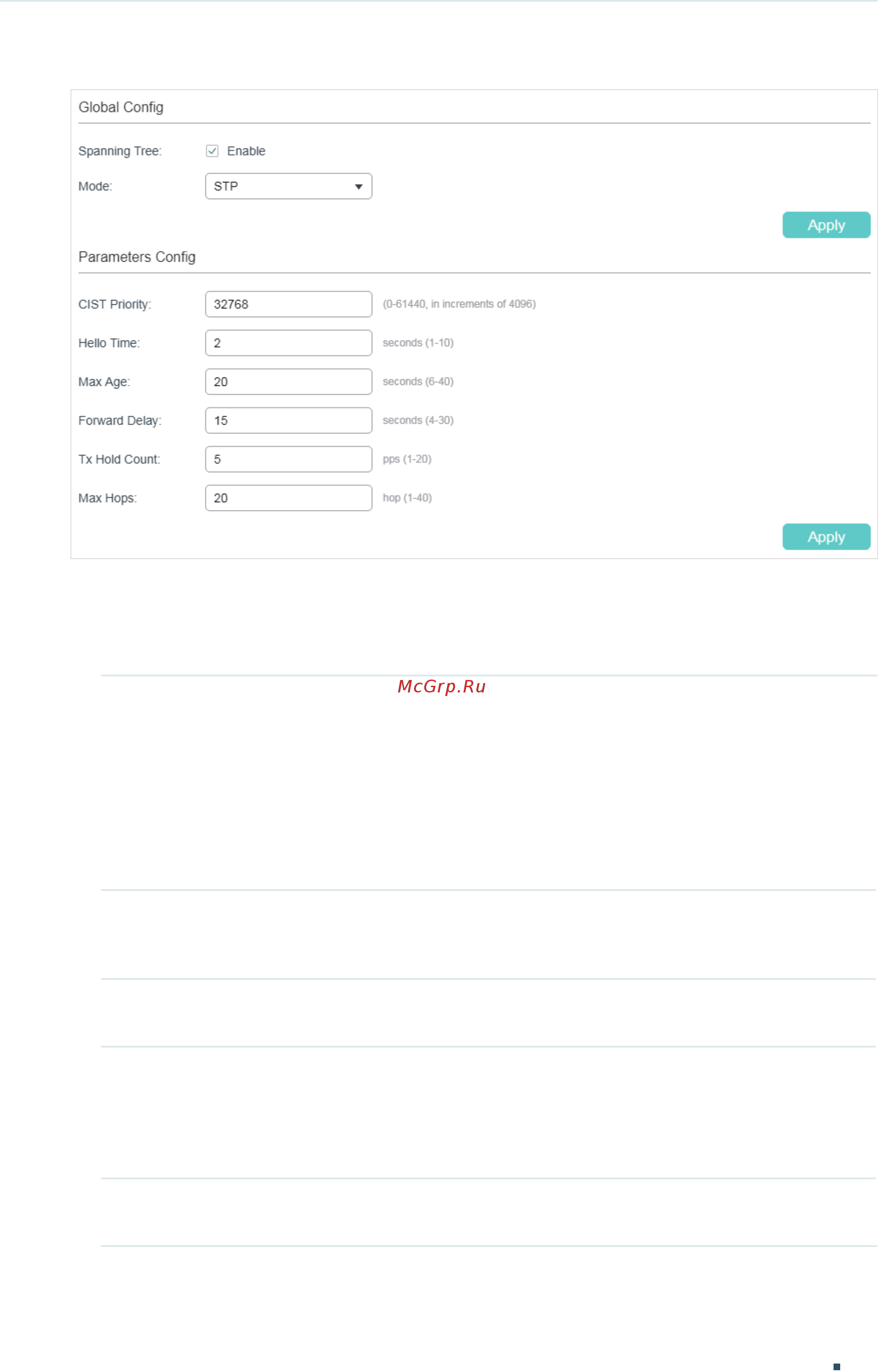 Tp-Link T1600G-52TS V4 [332/958] In the parameters config section configure the global parameters of stp rstp and click apply