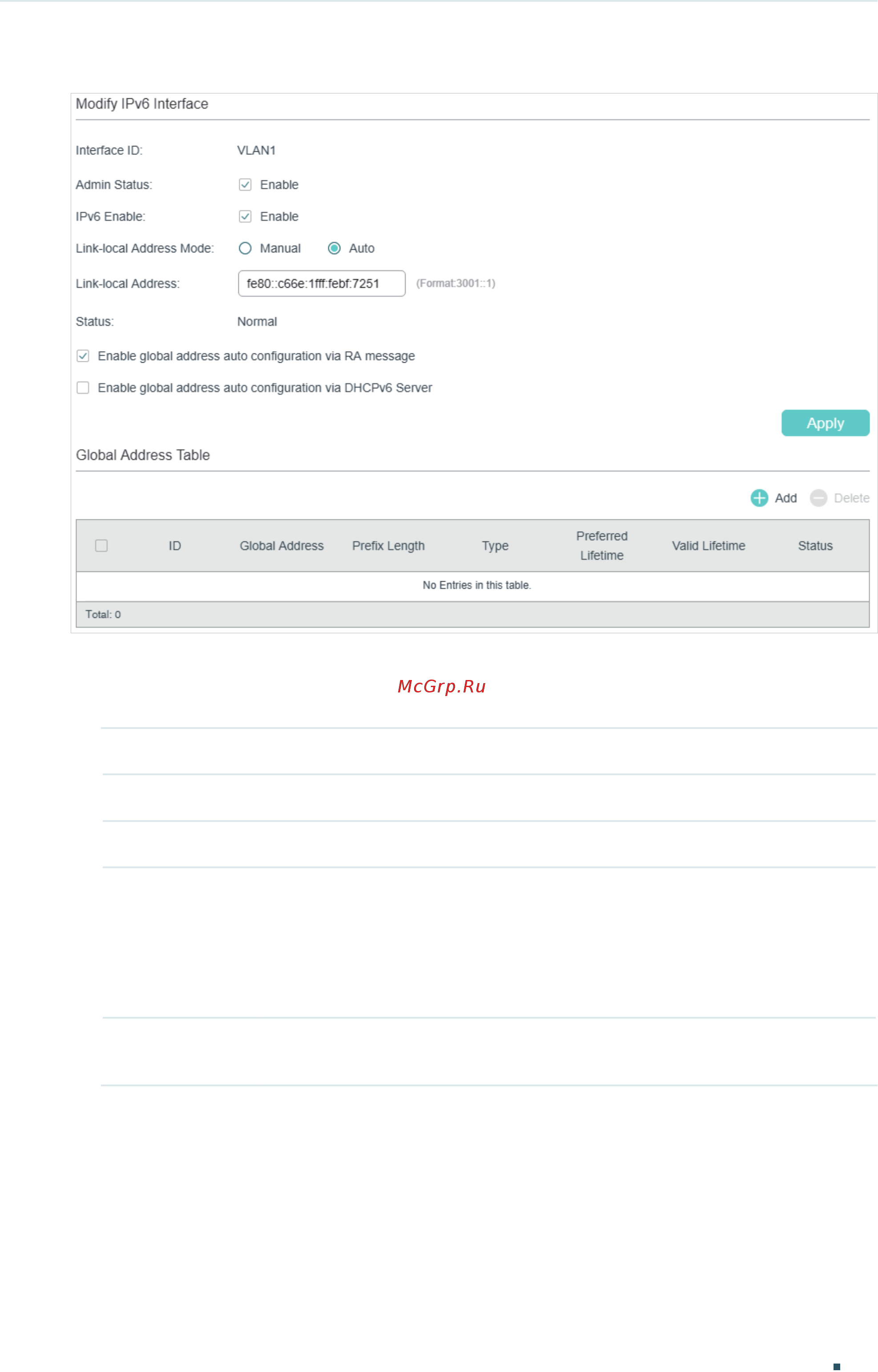 Tp-Link T1600G-52TS V4 [428/958] In the modify ipv6 interface section enable ipv6 feature for the interface and configure the corresponding parameters then click apply