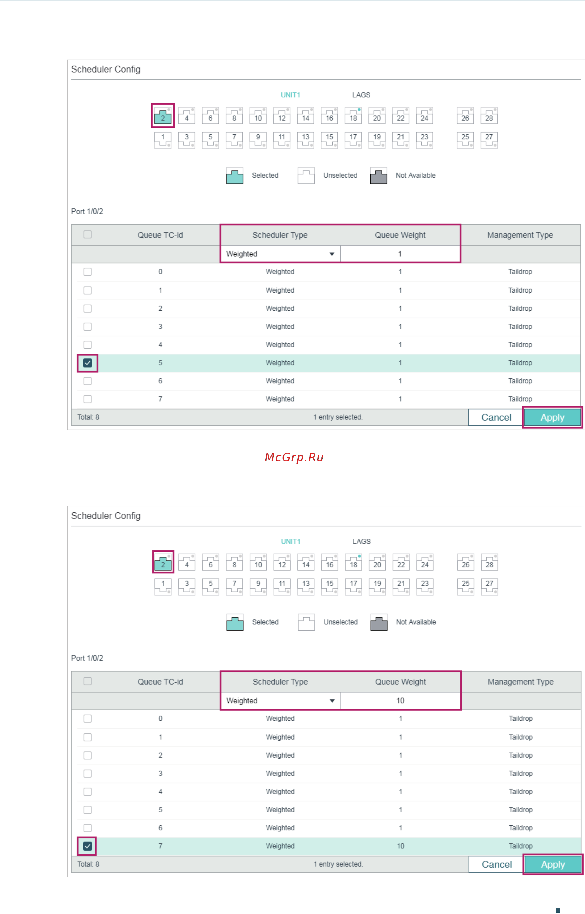 Tp-Link T1600G-18TS V2 [598/958] Select port 1 0 2 set the scheduler mode as weighted and specify the queue weight as 10 for tc 7 click apply
