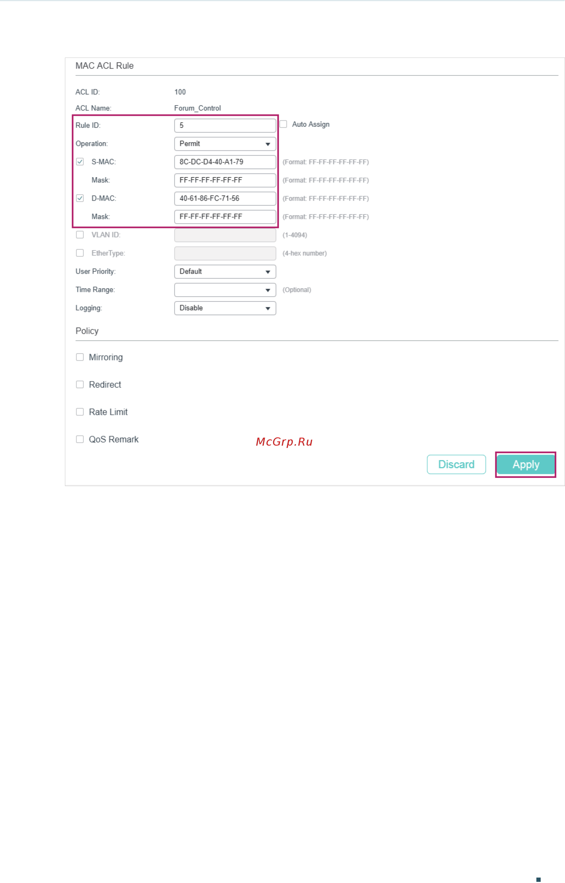 Tp-Link T1600G-52TS V4 [728/958] In the same way configure rule 15 to deny packets with destination mac address 40 61 86 fc 71 56 and apply the time range of work hours