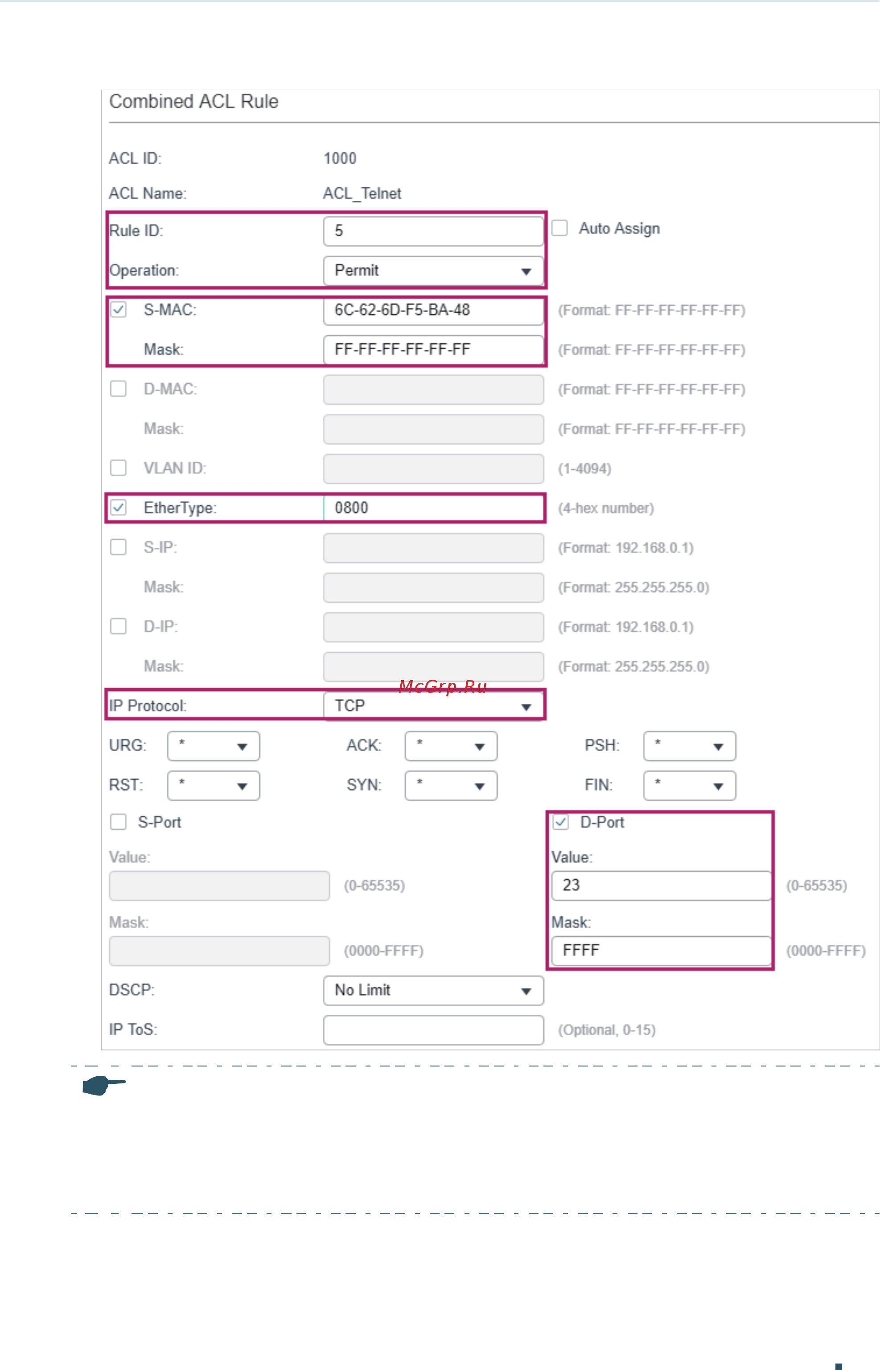 Tp-Link T1700X-16TS V3 [703/916] Configure rule 15 to deny all the packets except the packet with source mac address 6c 62 6d f5 ba 48 and destination port tcp 23 telnet service port