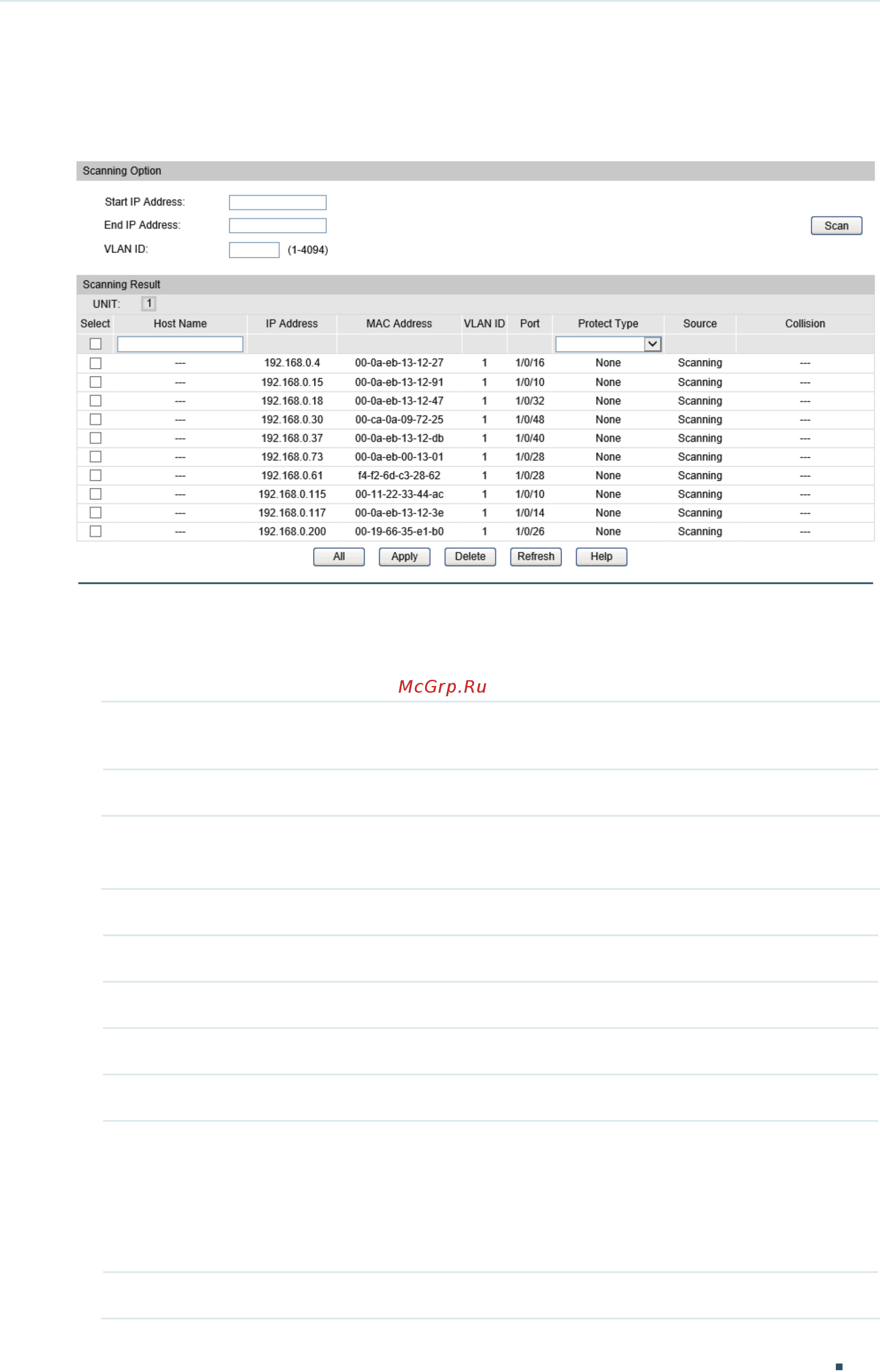 Tp-Link T1700X-16TS V2 [571/764] In the scanning option section specify an ip address range and a vlan id then click scan to scan the entries in the specified ip address range and vlan
