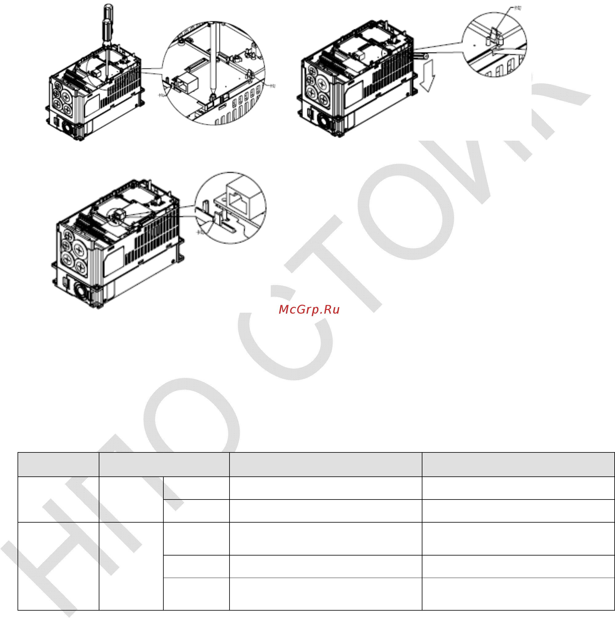 Delta Electronics VFD220CP4EB-21 [169/604] Выключите питание vfd c2000 2 выкрутите 2 винта см рис 6 3 освободите защелку вставьте шлицевую отвертку в паз и извлеките плату из защелки см рис 7 4 освободите другую защелку и извлеките плату см рис 8