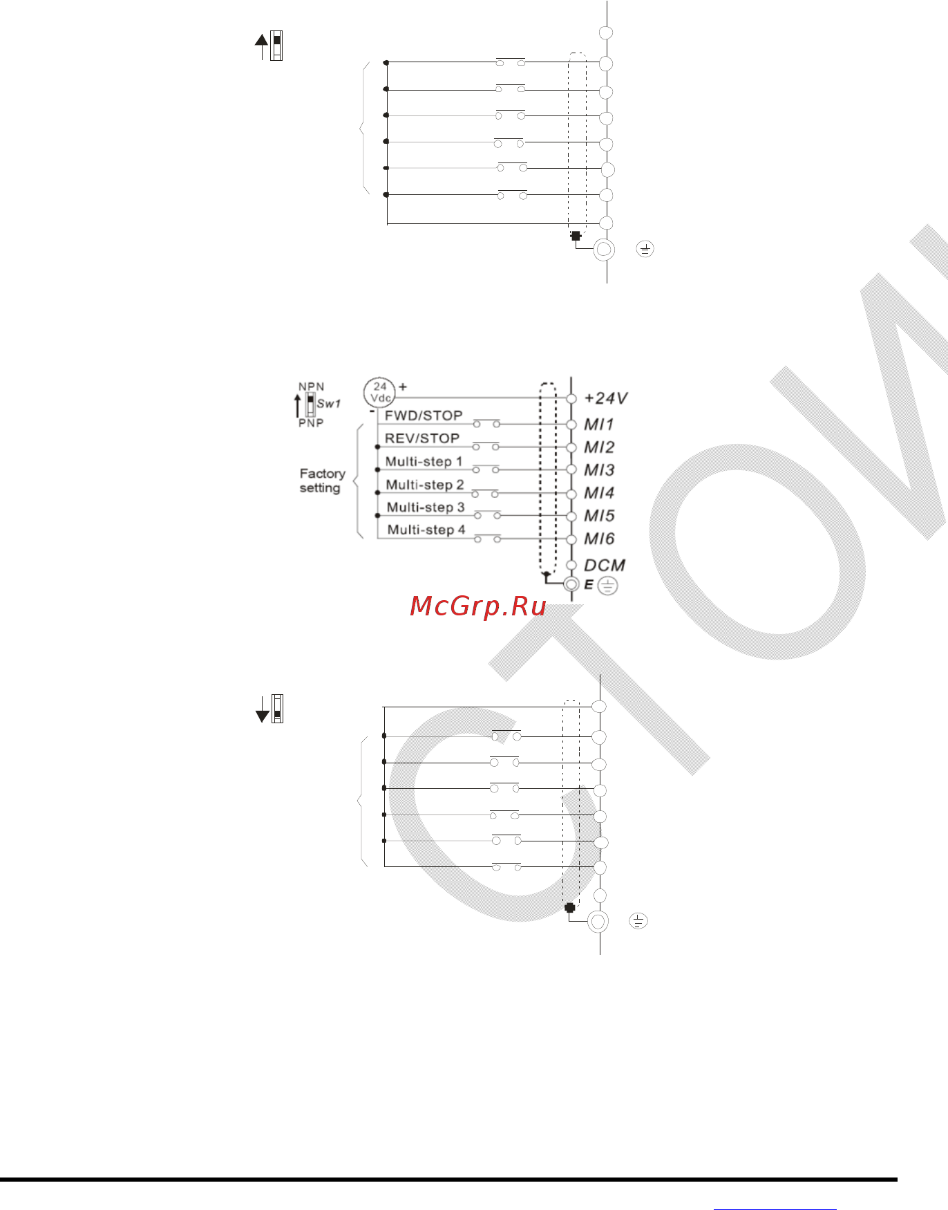 Delta Electronics VFD004E21T [35/342] Рисунок 7 выбор логики управления дискретными входами микропереключателем sw1 a npn режим без внешнего источника питания