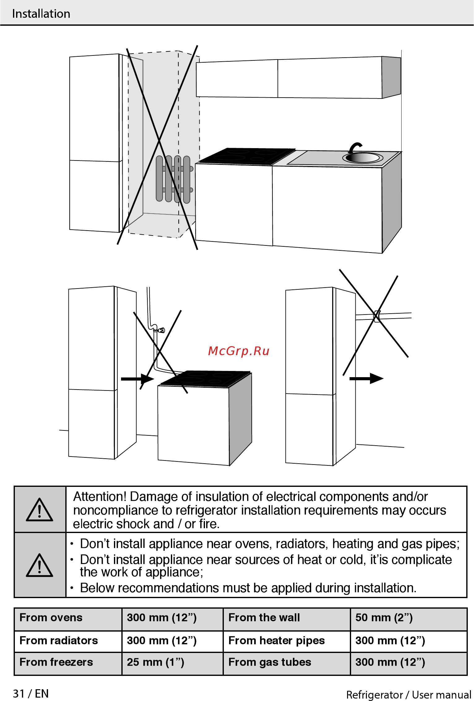 Beko BlueLight RCNK356K00S [31/44] Attention damage of insulation of electrical components and or noncompliance to refrigerator installation requirements may occurs electric shock and or fire
