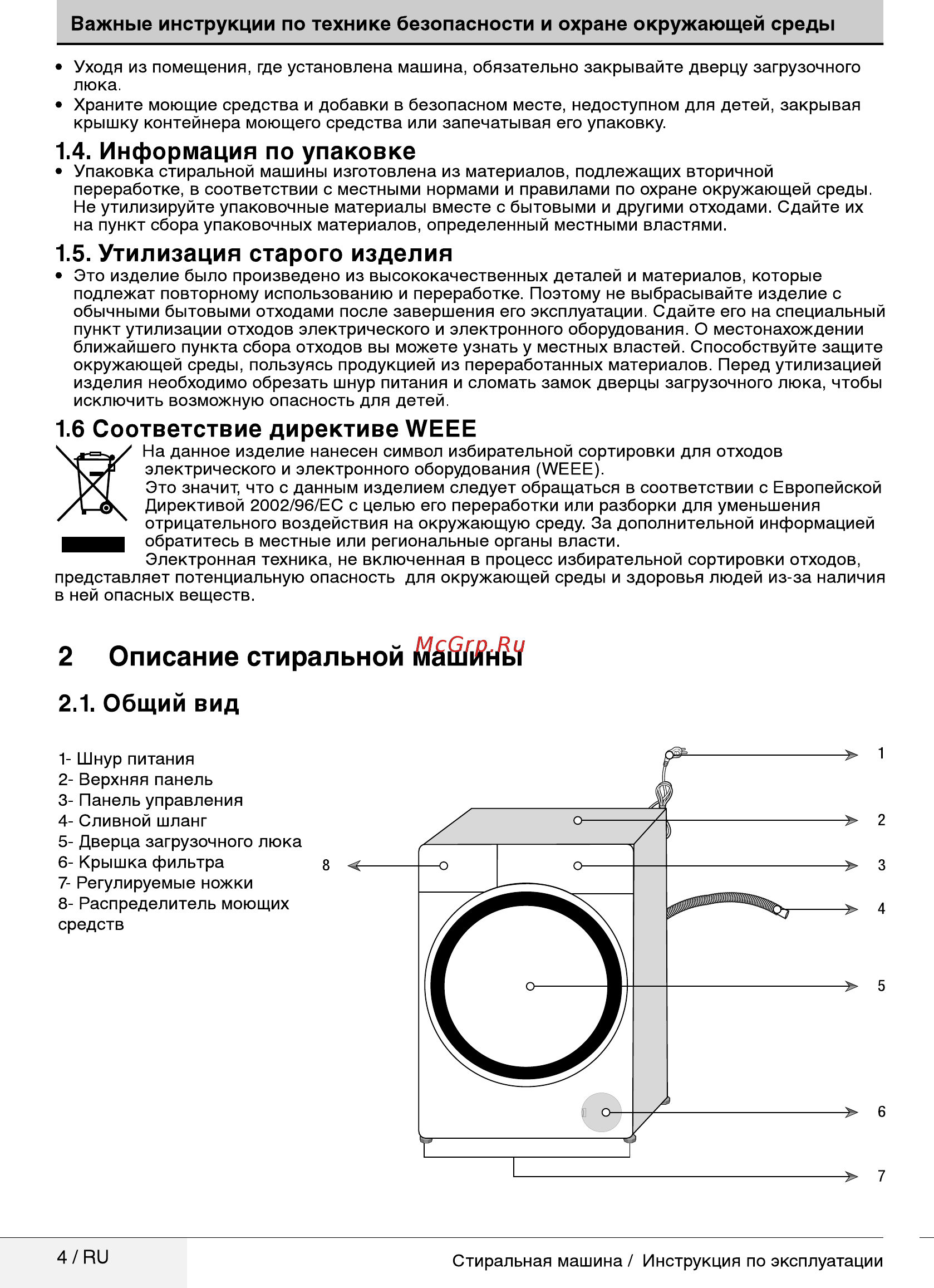 Beko ELSE77512XSWI [4/36] Описание стиральной машины
