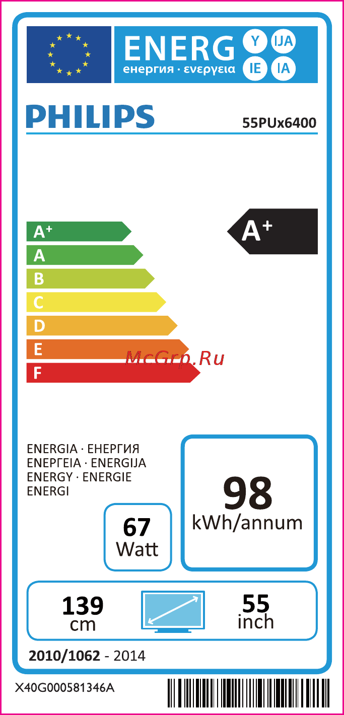 Philips 55PUT6400/12 Маркировка энергоэффективности онлайн