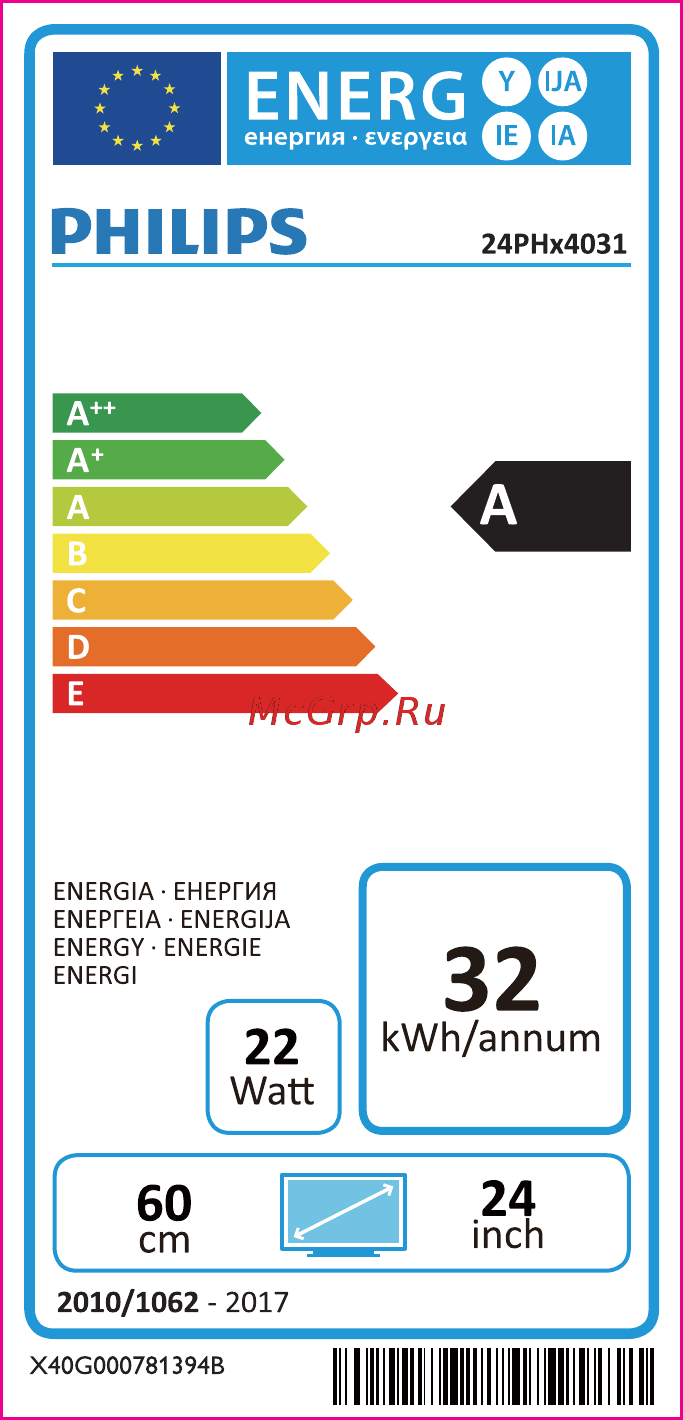 Philips 24PHT4031/12 Маркировка энергоэффективности онлайн