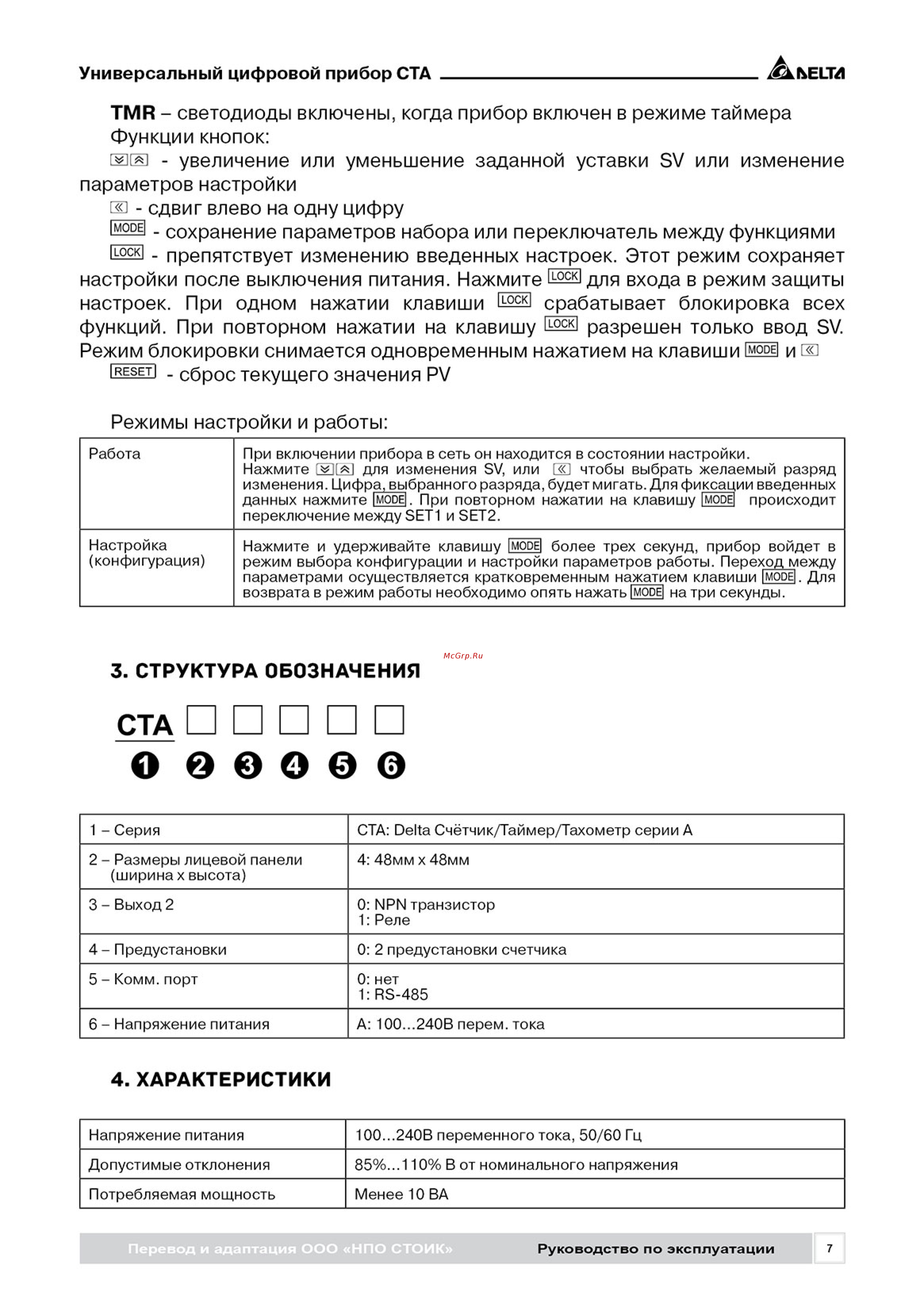 Delta Electronics CTA4000A [7/24] Режимы настройки и работы
