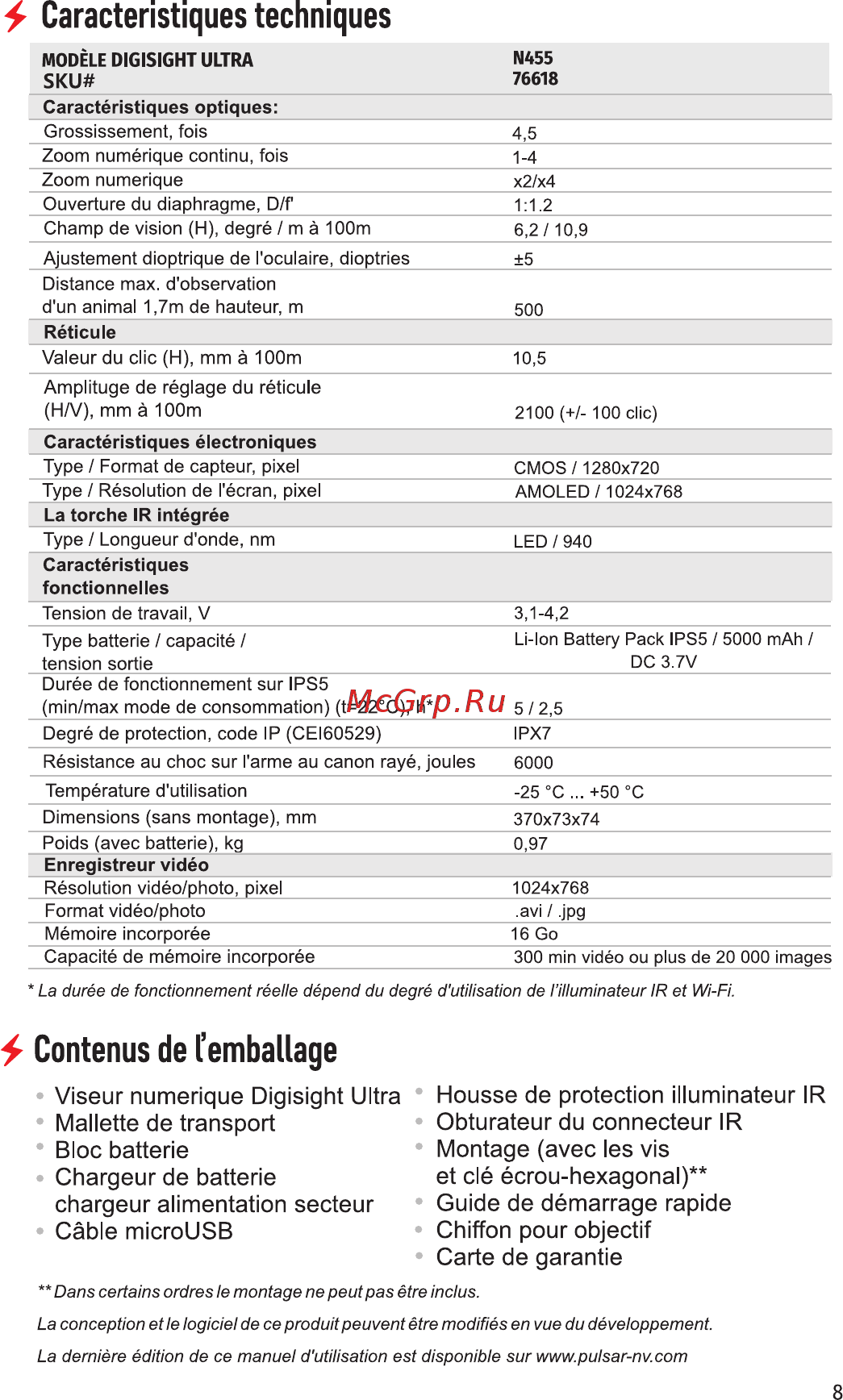 Pulsar Digisight Ultra N455 [11/28] Caractéristiques techniques