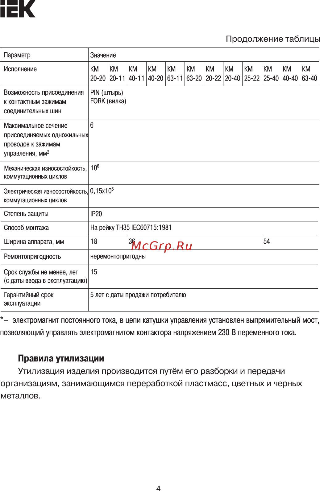 Iek КМ20-20 AC [4/7] Позволяющий управлять электромагнитом контактора напряжением 230 в переменного тока