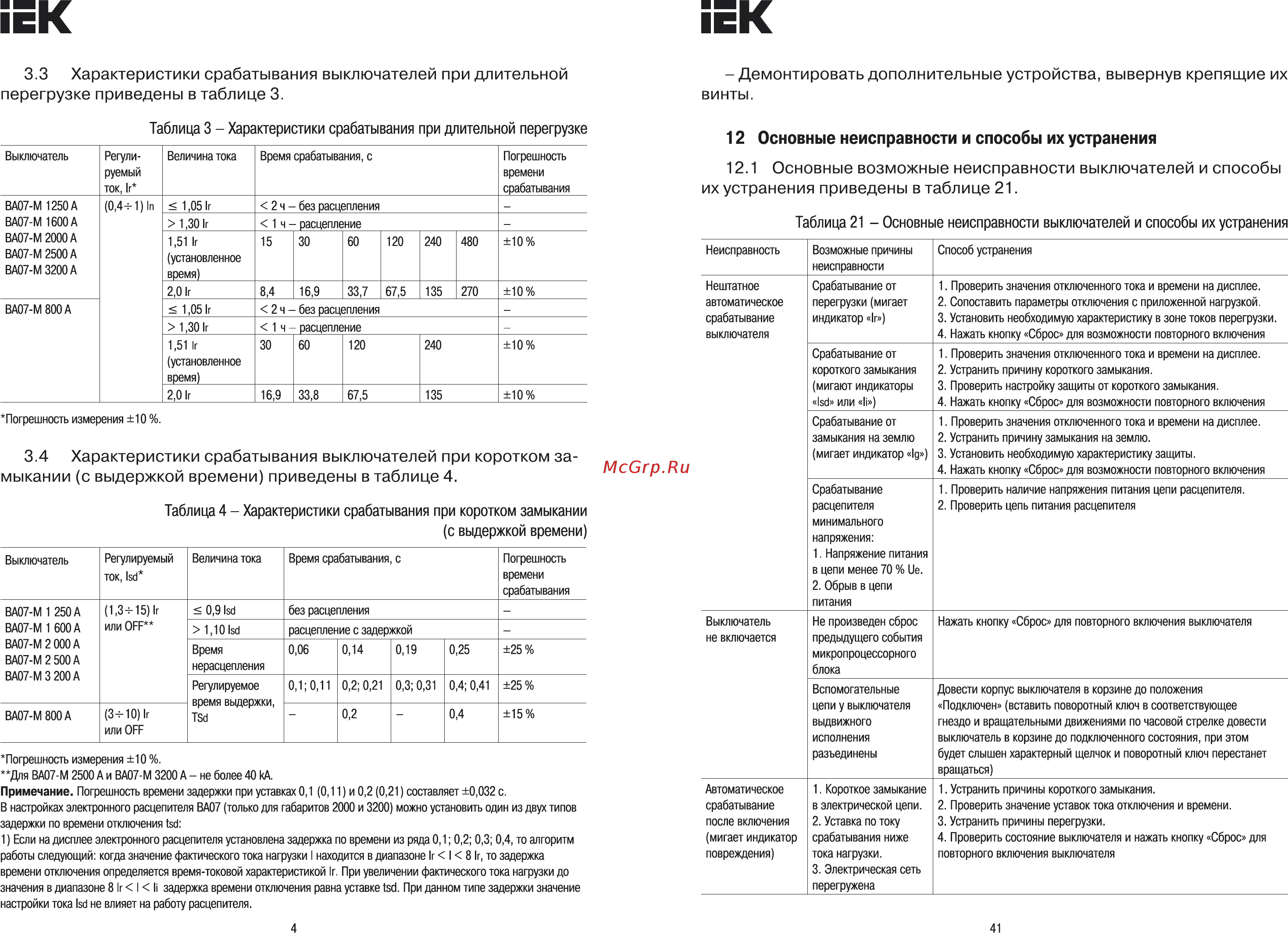 Iek ВА07-М комб. расц. выдвиж. 3Р 2000А 80кА [4/22] Основные неисправности и способы их устранения