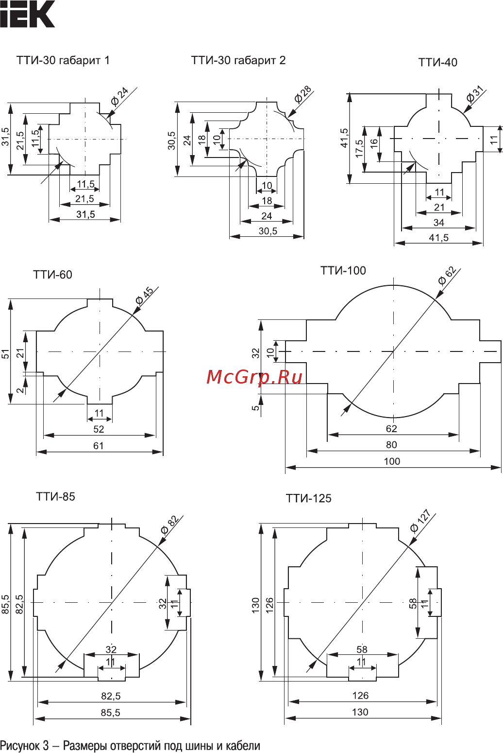 Iek ТТИ-125 1500/5А 15ВА класс 0,5S [5/12] Рисунок 3 размеры отверстий под шины и кабели