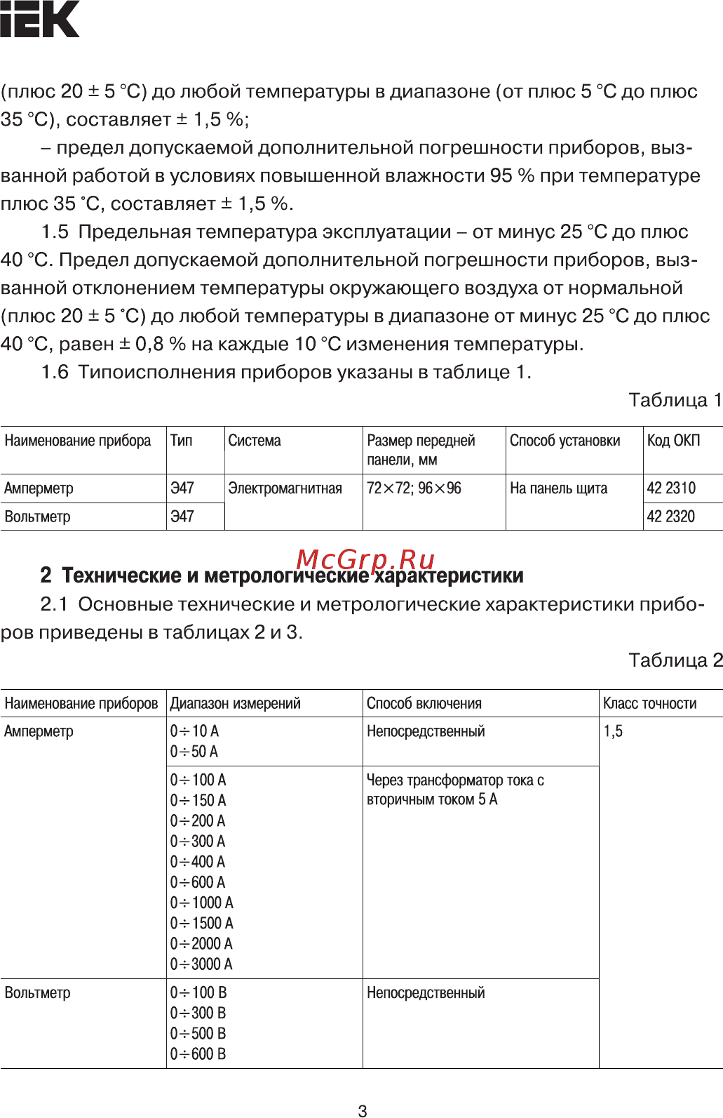 Iek Э47 100/5А класс точности 1,5 96х96мм [2/8] Технические и метрологические характеристики 2 основные технические и метрологические характеристики прибо
