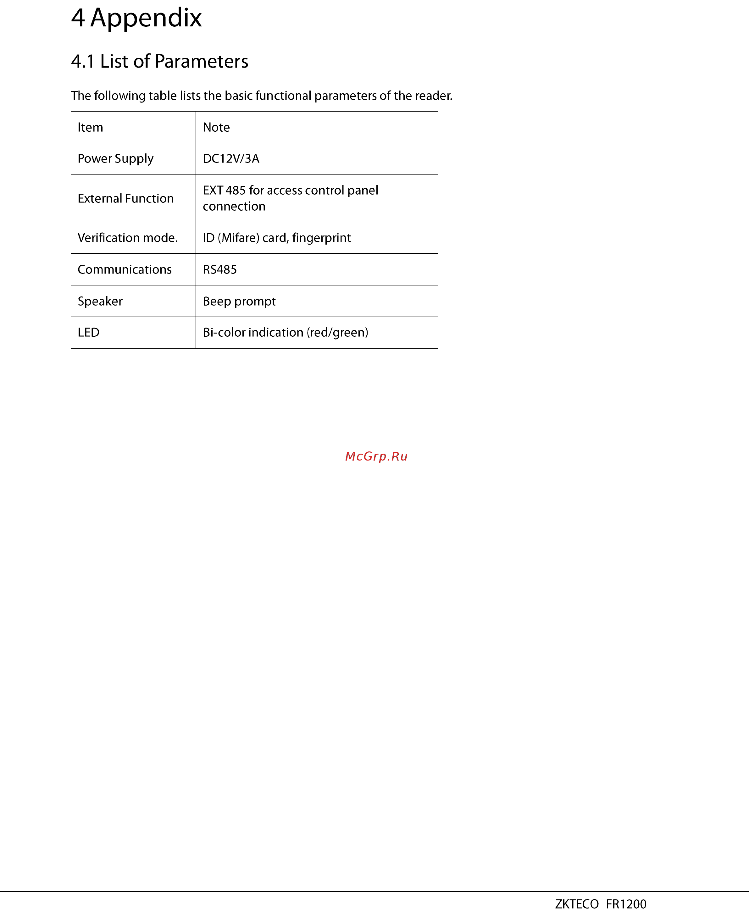 Zkteco FR1200 [11/14] Appendix