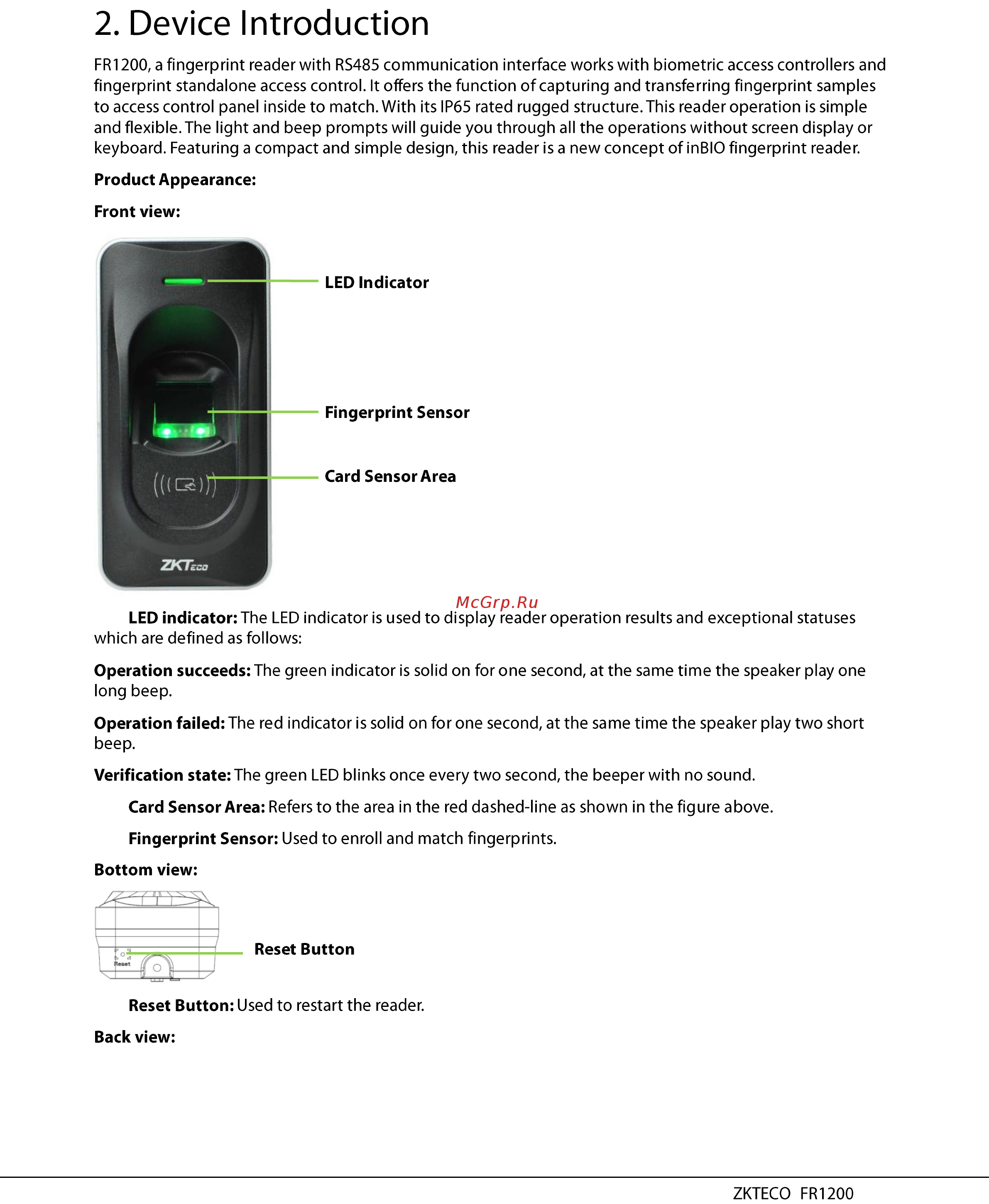Zkteco FR1200 [5/14] Device introduction