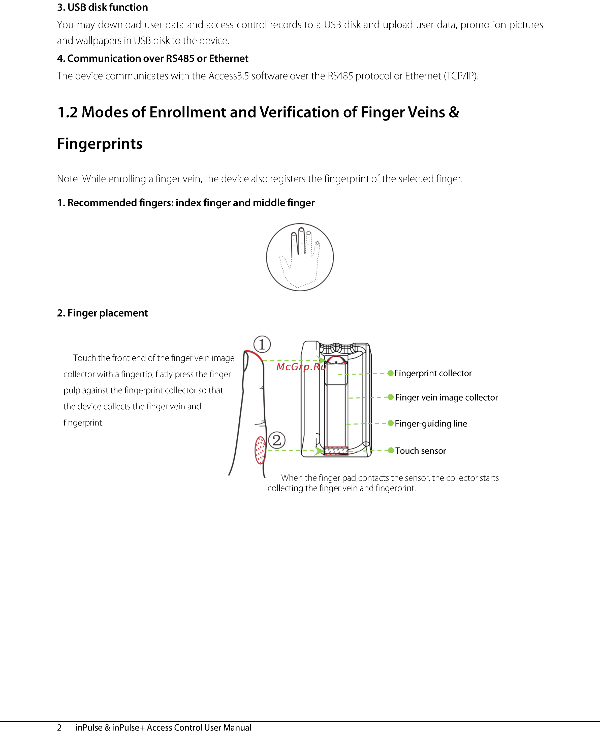 Zkteco inPulse [7/76] Modes of enrollment and verification of finger veins fingerprints