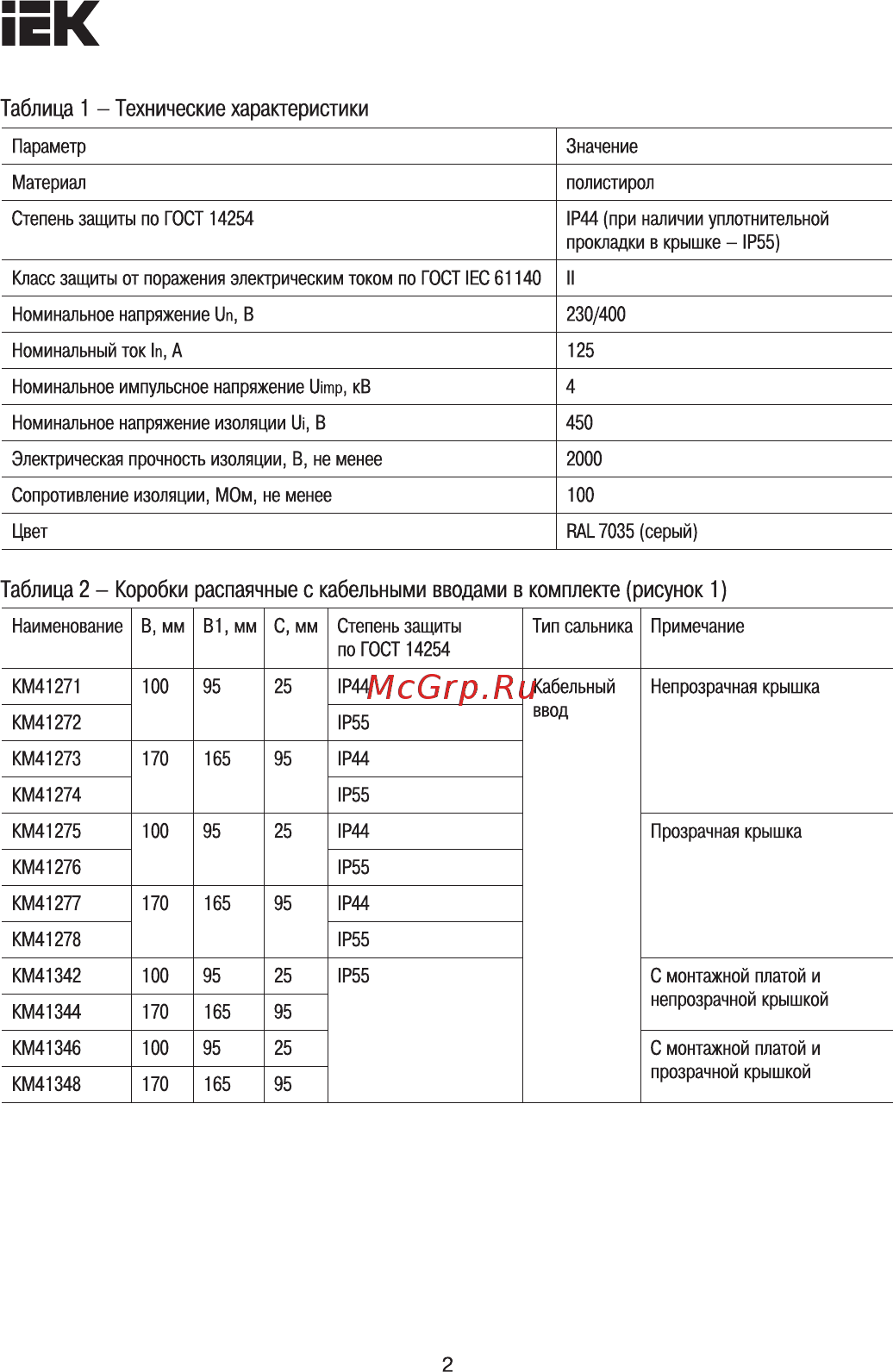 Iek UKO11-085-085-040-K41-44 [2/11] Таблица 1 технические характеристики