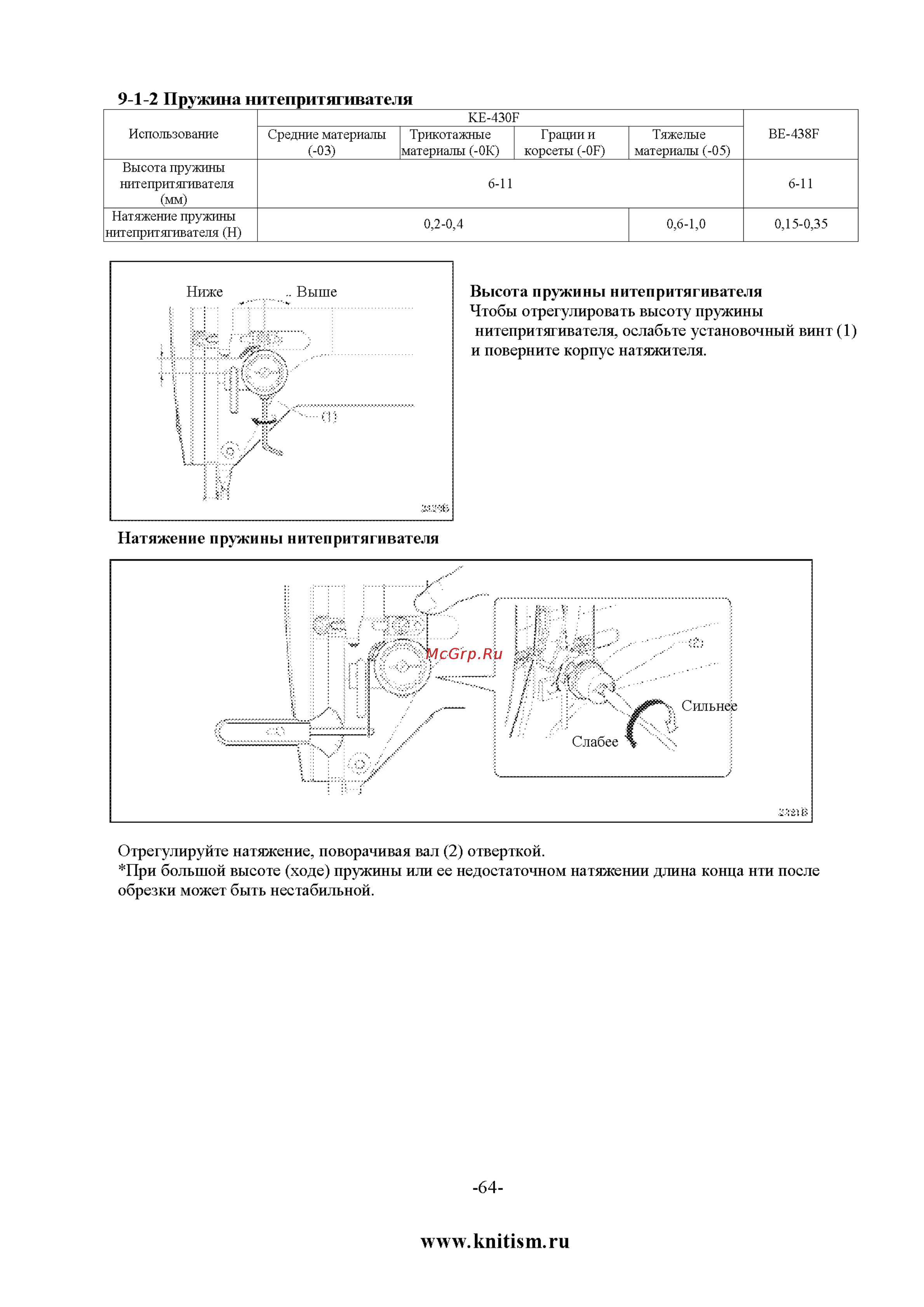 Brother KE-430FX [74/90] Отрегулируйте натяжение поворачивая вал 2 отверткой при большой высоте ходе пружины или ее недостаточном натяжении длина конца нти после обрезки может быть нестабильной