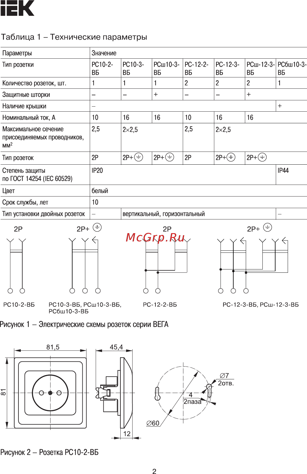 Iek РС10-2-ВБ 10А ВЕГА белый ERV10-K01-10-DM [2/6] Рисунок 1 электрические схемы розеток серии вега