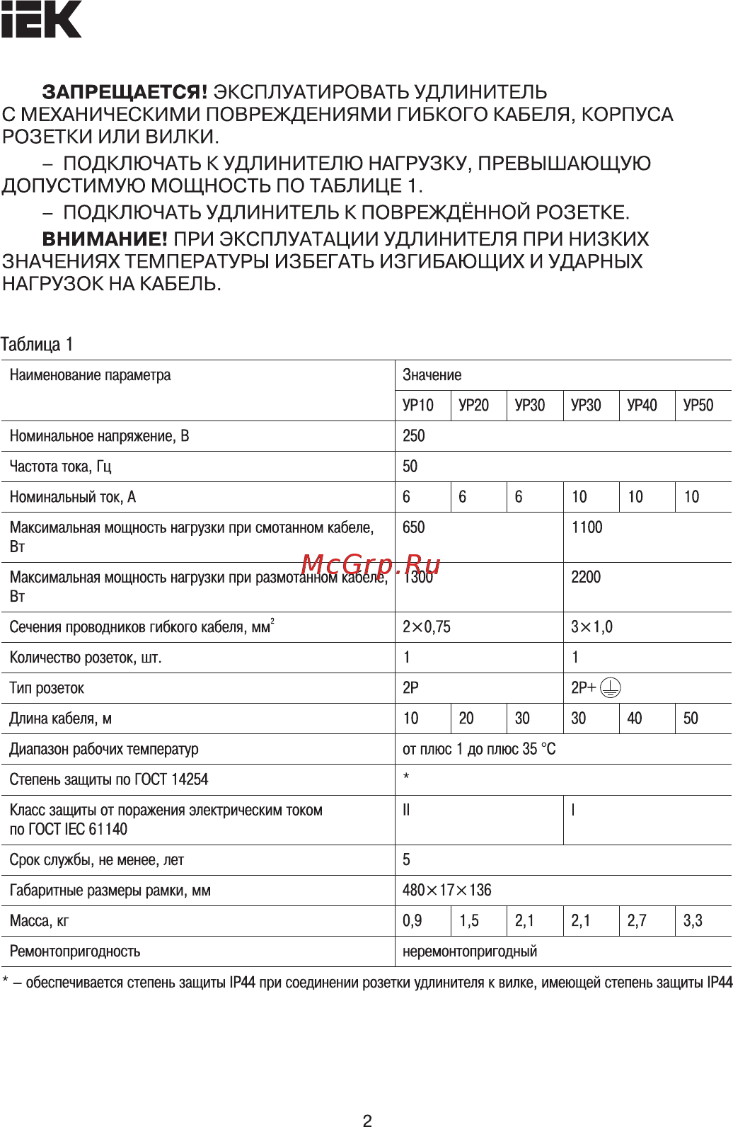 Iek УР30 1 место 2Р+PE/30м 3х1,0мм2 IP44 WKF14-10-01-30-44 [2/5] Подключать к удлинителю нагрузку превышающую
