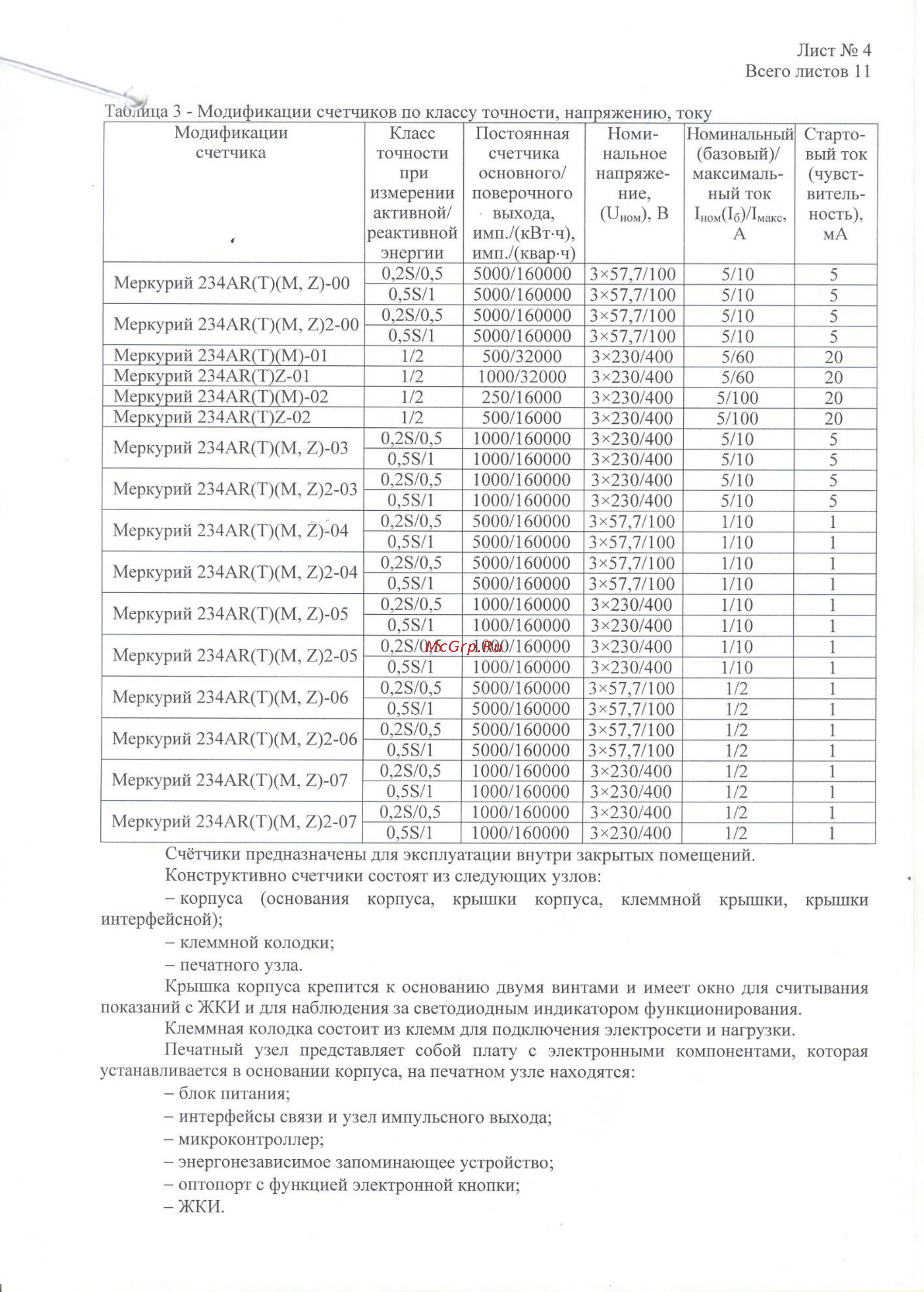 Меркурий 234ARTM Описание типа онлайн [4/11] 417196