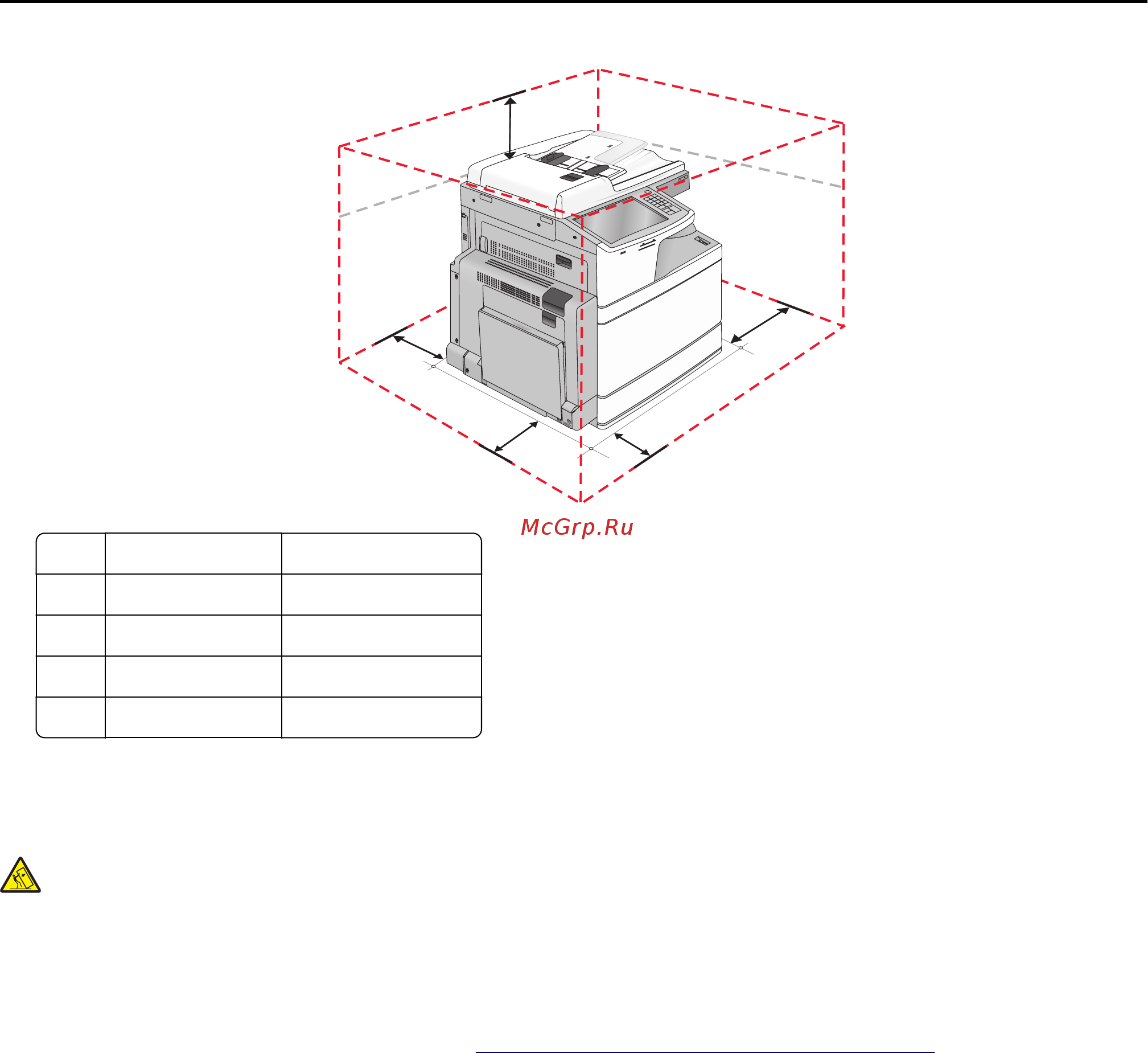 Lexmark X952 [11/374] Внимание опасность опрокидывания конфигурации для напольной установки требуют установки дополнительных приспособлений при использовании входного лотка большой емкости устройства двусторонней печати или одного и более дополнительного входного отсека необходимо устанавливать принтер на подставку или основание дополнительная мебель может потребоваться также для многофункционального принтера мфп с функциями сканирования копирования и факсимильной передачи дополнительные сведения см на веб сайте по адресу www lexmark com multifunctionprinters
