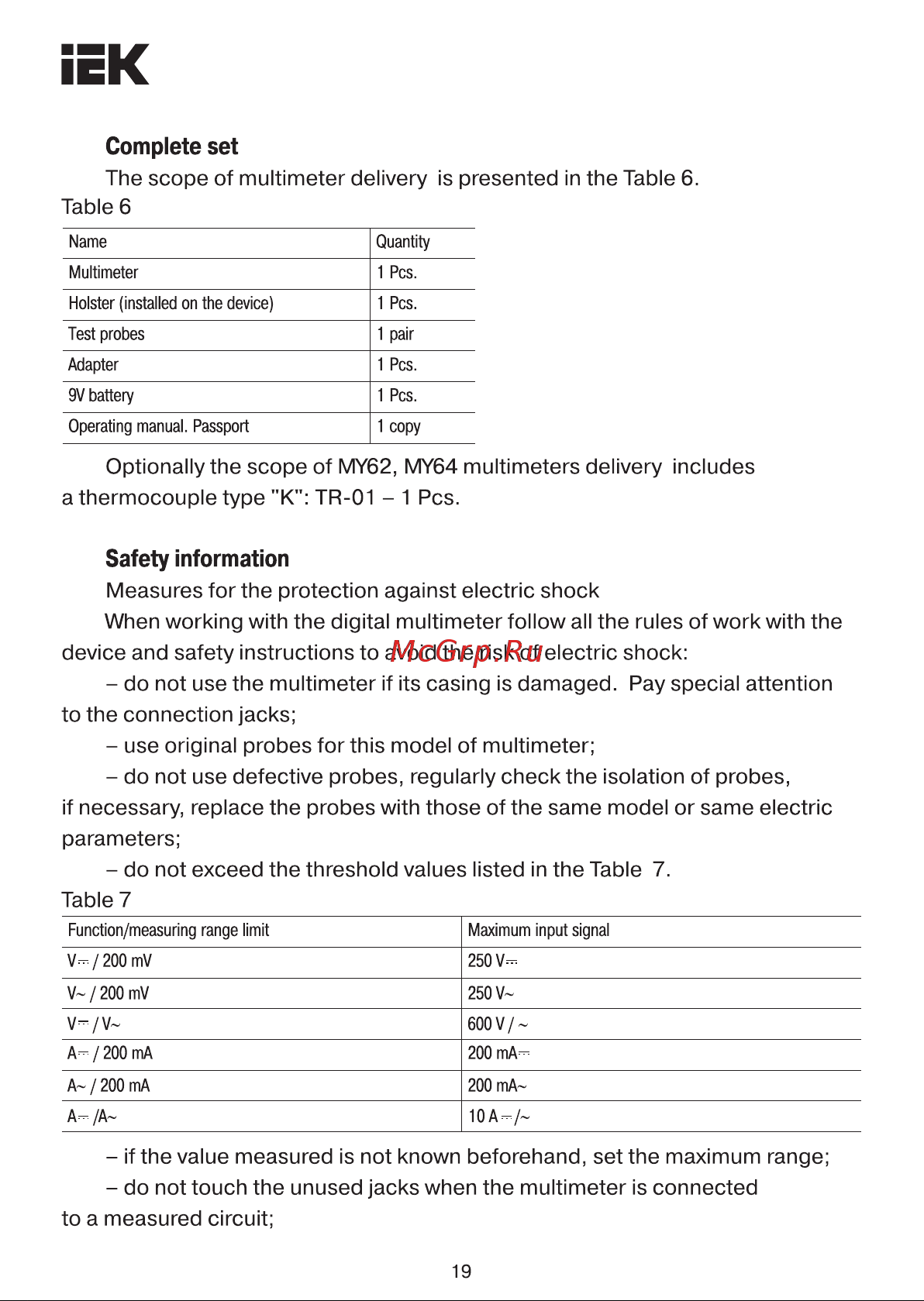 Iek Professional MY62 [19/27] The scope of multimeter delivery is presented in the table 6