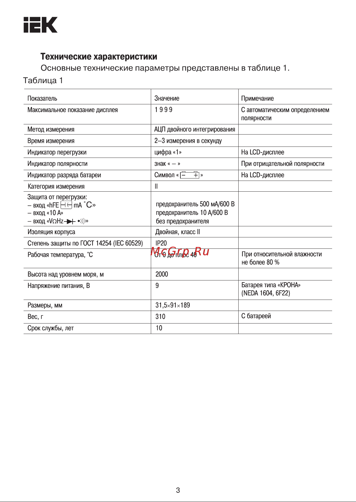 Iek Professional MY62 [3/27] Основные технические параметры представлены в таблице 1