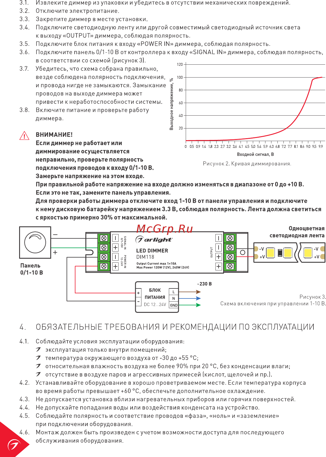 Arlight DIM118-M (12-24V, 10A, 1-10V) [2/3] Обязательные требования и рекомендации по эксплуатации