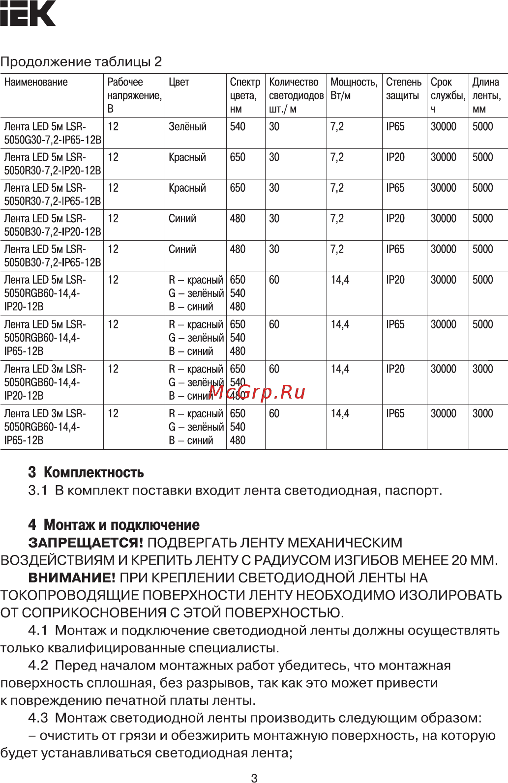 Iek LSR-5050WW60-14,4-IP65-12В LSR2-1-060-65-3-03 [3/7] Страница 3